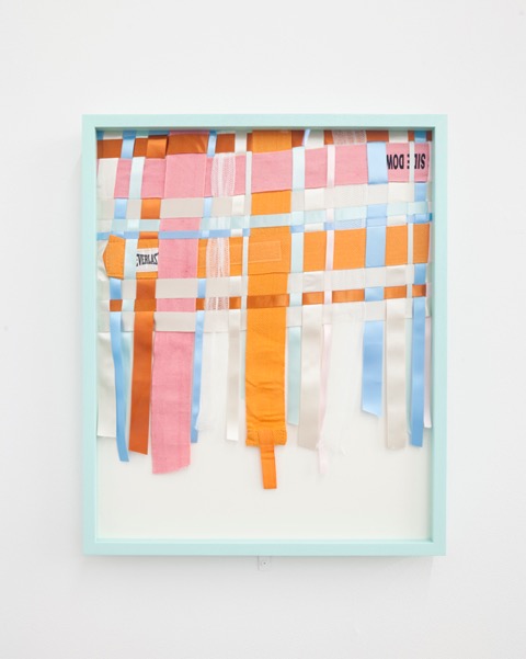 Zoe Buckman This Side Down, 2016 Ribbon, gauze, boxing wraps 21 x 21 inches framed Courtesy of the Artist and Fort Gansevoort