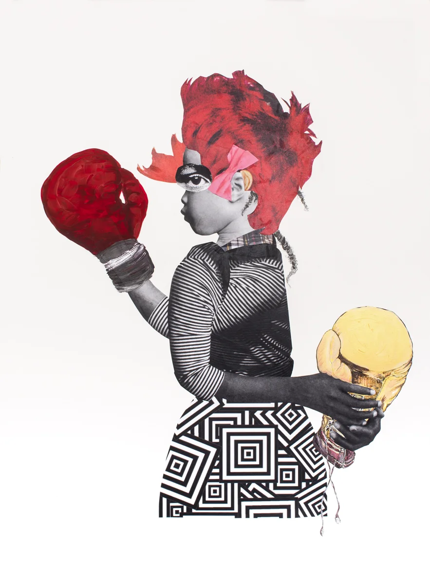 Deborah Roberts The Rope-a-Dope, 2017 Acrylic, Ink, Charcoal, Metallic Gold Paint, Photo Collage, and Pencil on Paper 30 x 22 inches