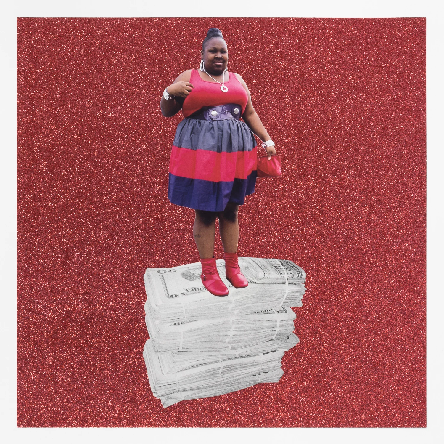 Sadie Barnette Untitled (Young Woman on Money), 2017 Collage on Glitter Paper 12 x 12 inches