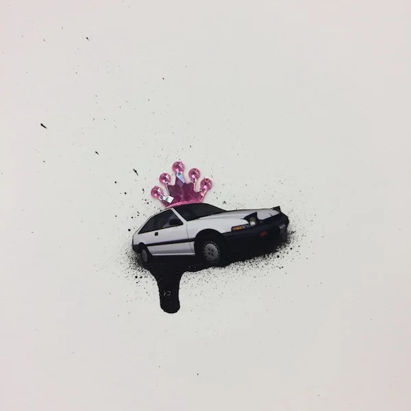 Sadie Barnette Untitled (Honda in Black, Pink Crown), 2016 Collage, Aerosol Paint and Rhinestone 12 x 12 inches