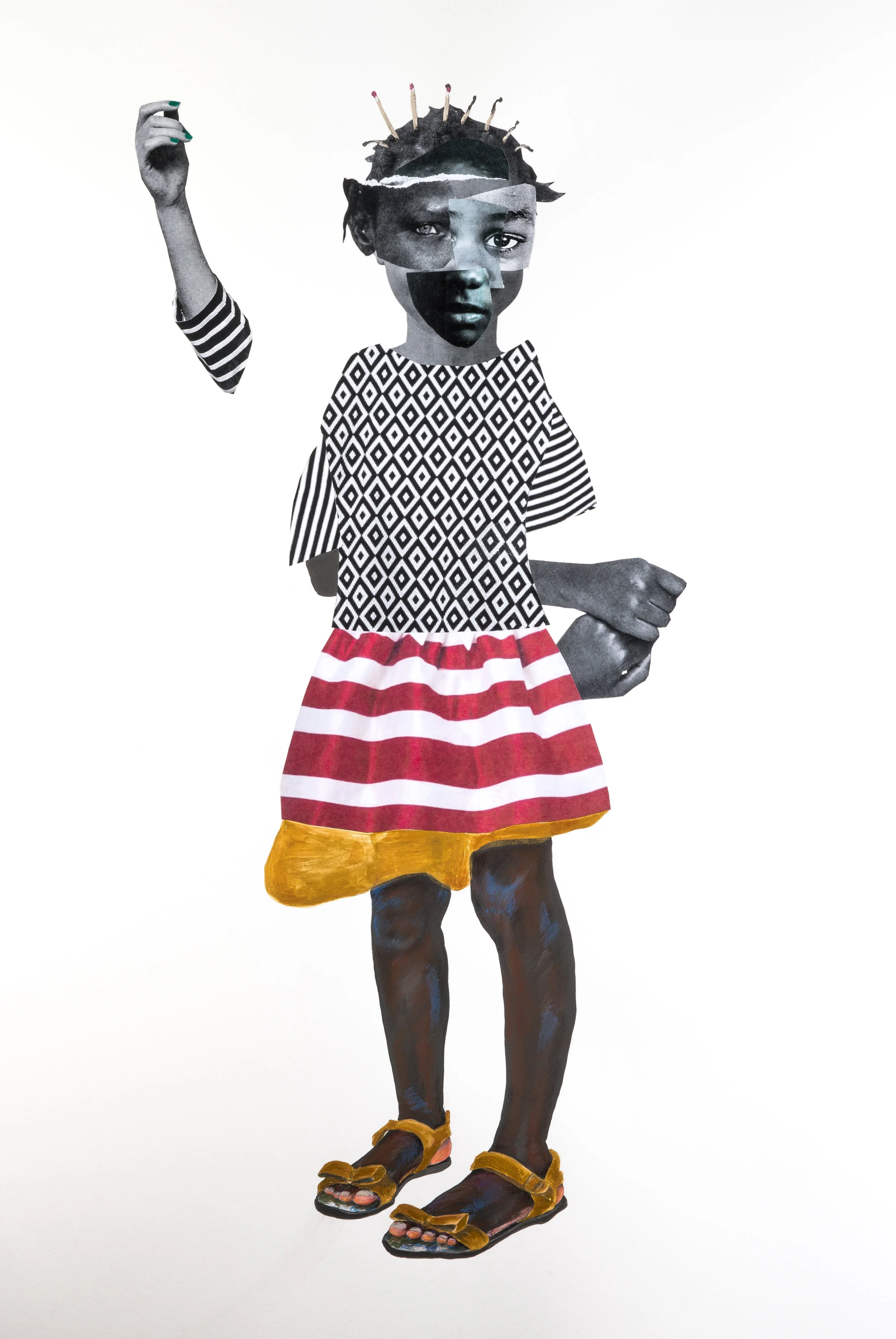 Deborah Roberts Scorch by the torch, 2017 Mixed Media on Paper 47 x 35 inches (Framed)