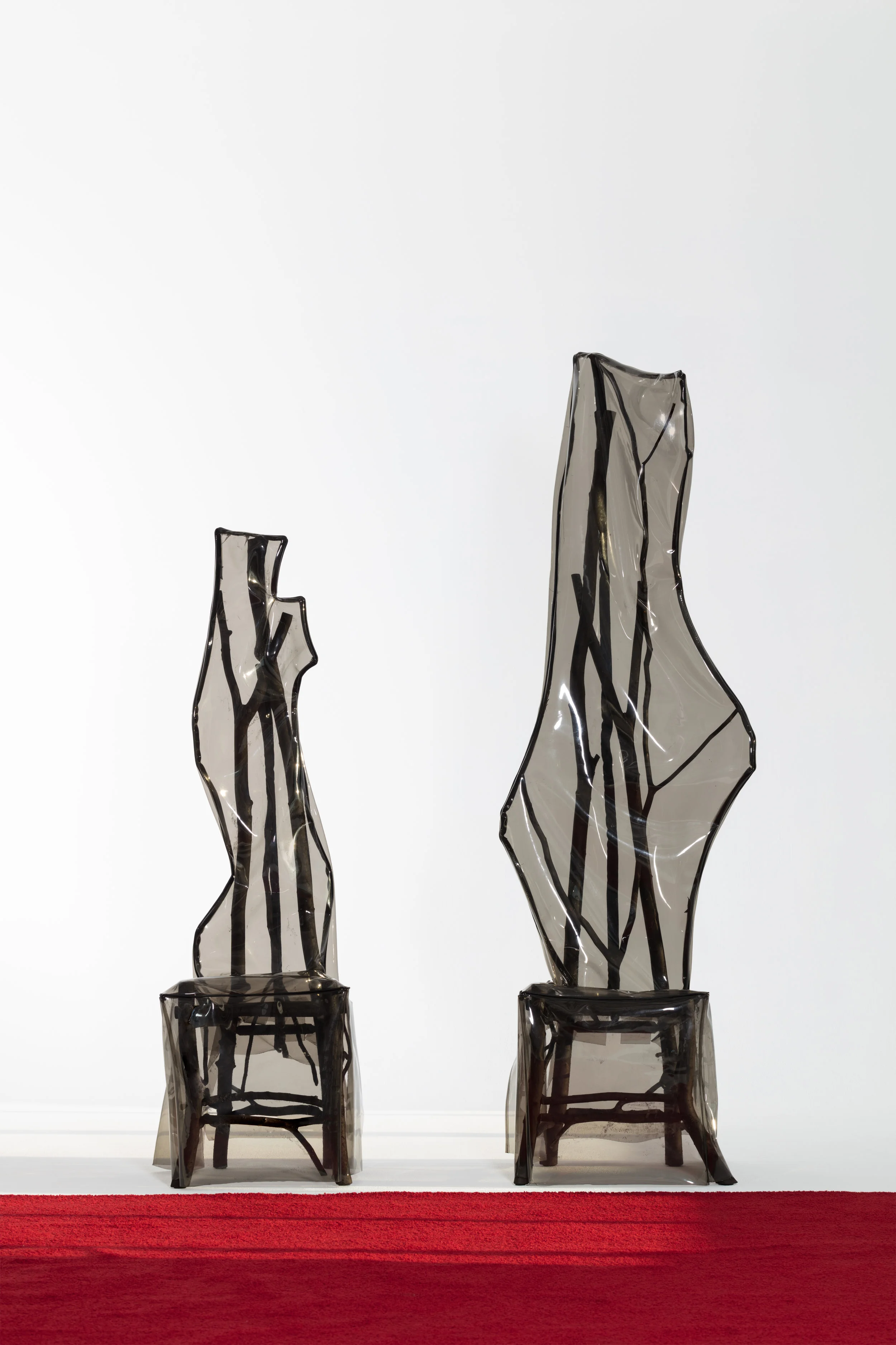 Sam Stewart Untitled (chair), 2017 Maple, beech, vinyl, leather 60 x 20 x 20 inches (left) 84 x 20 x 20 inches (right)