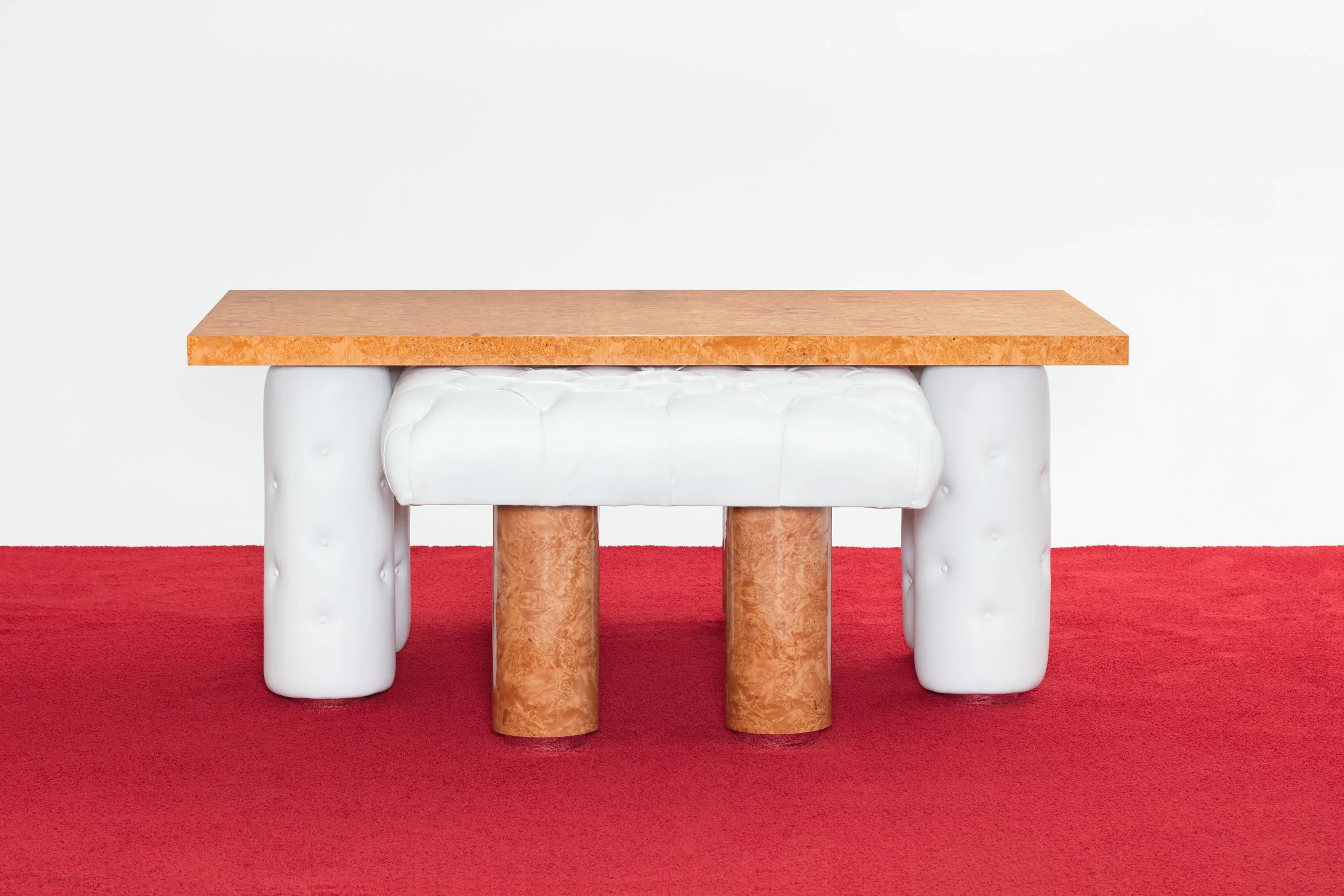 Sam Stewart Untitled, 2017 Mdf, maple burl, formica, synthetic leather, chrome Table: 30 x 75 x 75 inches Bed: 25 x 75 x 38 inches
