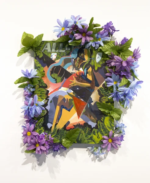 Ashley Teamer Late Bloomer, 2017-18 Inkjet print, Synthetic Flowers, Acrylic Paint, Flashe on Wood 17 x 15 inches