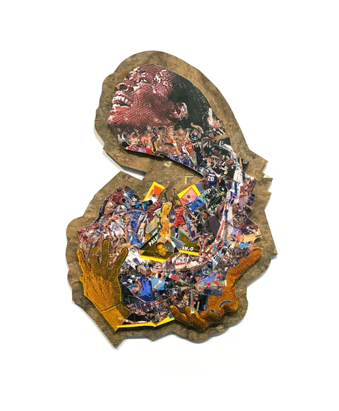 Ashley Teamer Who Am I, 2018 Collage on Wood, WNBA Trading Cards 25 x 19 inches