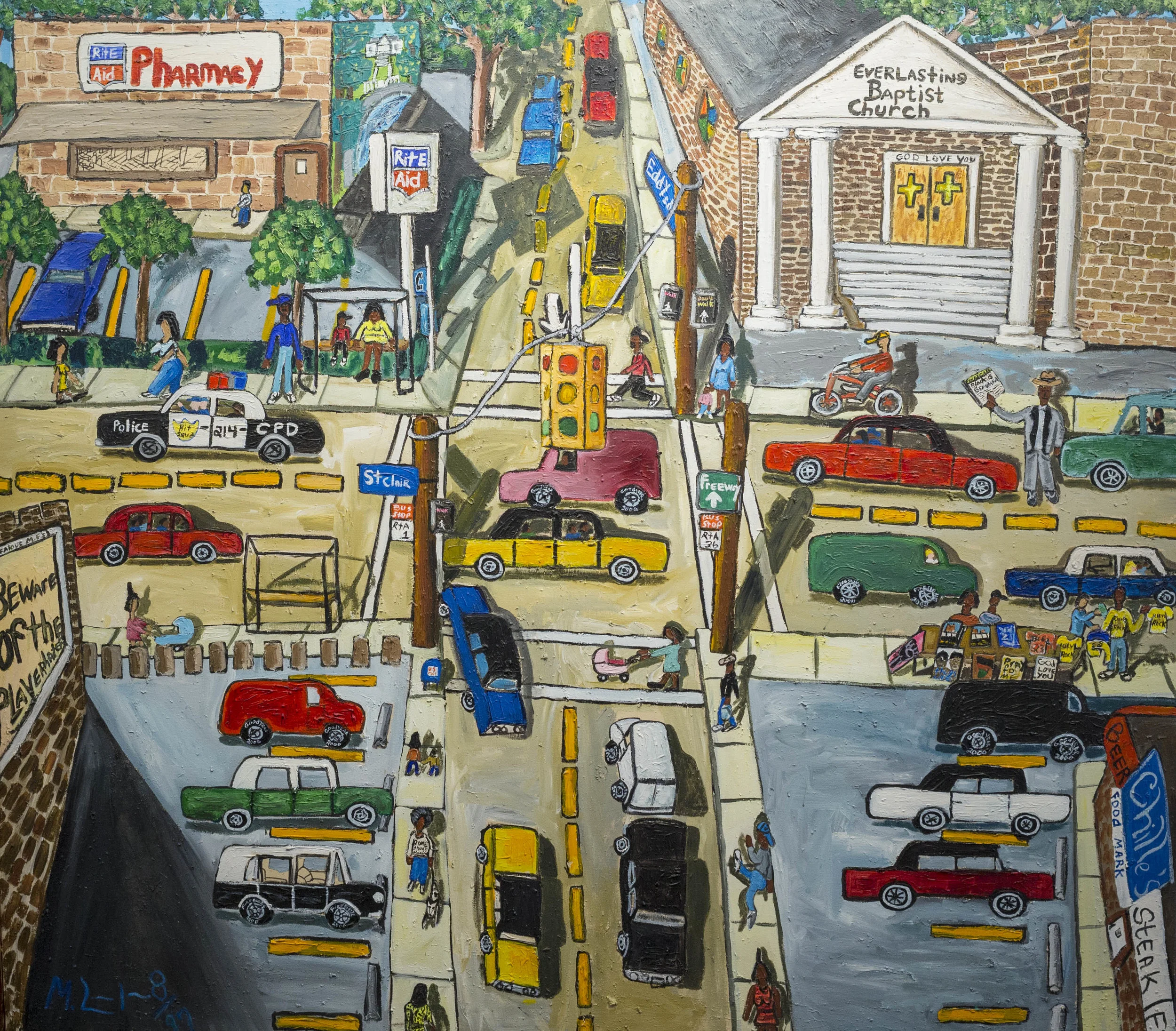 Michelangelo Lovelace At The Intersection of Eddy Rd And St. Clair Avenue, 1997 Acrylic on Textured Canvas 63 1/2 x 72 1/4 inches