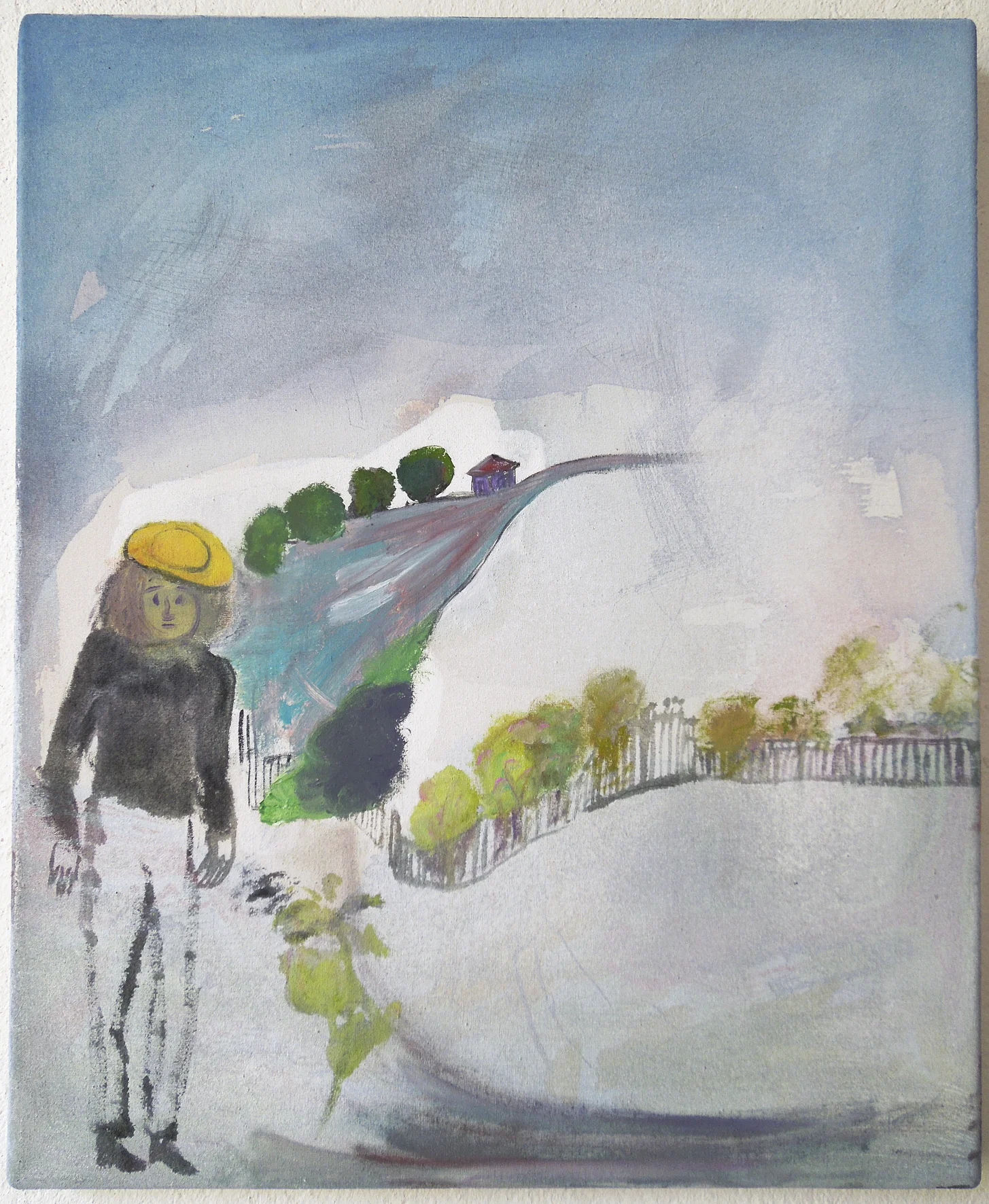 Isabelle Fein Untitled (yellow hat), 2018 India ink on canvas 15 3/4 x 13 inches