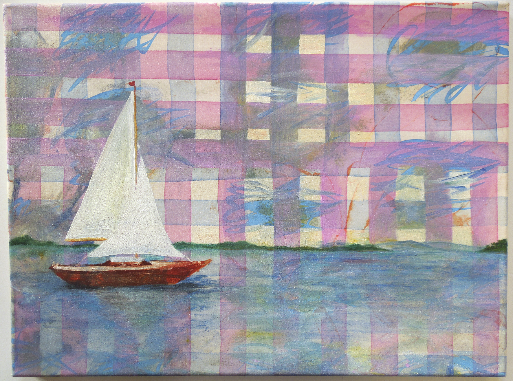 Isabelle Fein Untitled (sailboat on pattern), 2018 India ink and oil on canvas 13 x 17 1/4 inches