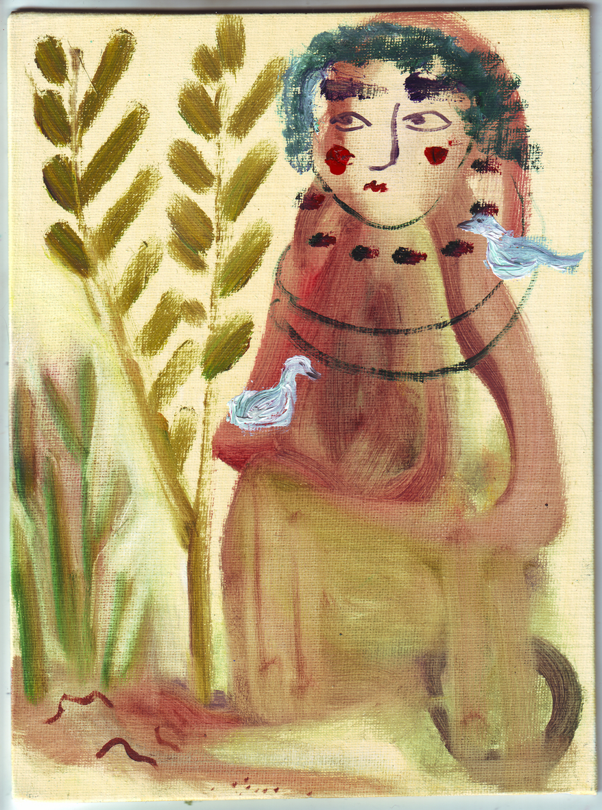 Isabelle Fein Untitled (Figure with doves) Oil on thin board 9 1/2 x 7 inches
