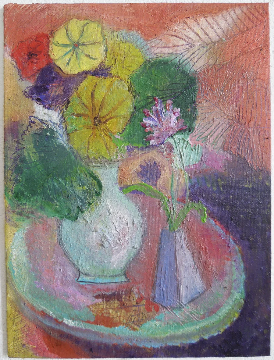 Isabelle Fein Untitled (Flowers on Table) Oil on thin board 9 1/2 x 7 inches