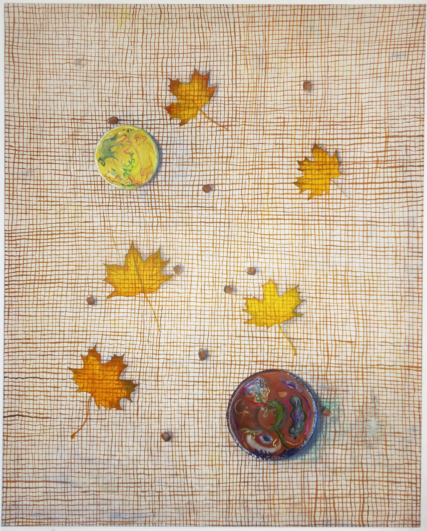 Isabelle Fein Nuts and Plates, 2018 India ink and oil on canvas 43 1/4 x 35 1/2 inches