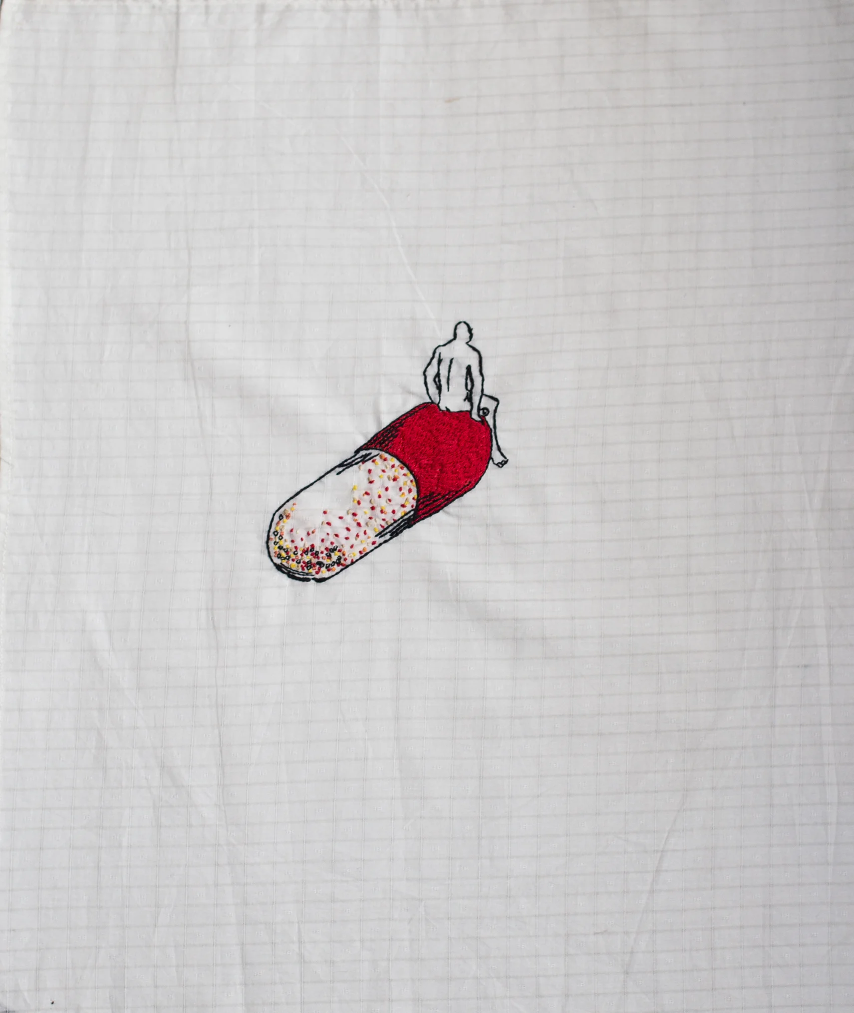 Christopher Myers Sitting On A Pill, 2016 Embroidered Fabric 21 x 16 1/2 inches