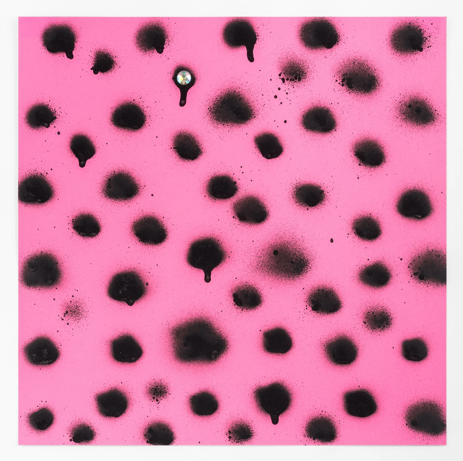 Sadie Barnette Untitled (Black Dots on Pink), 2016 Aerosol Paint and Rhinestone 14 3/4 x 14 3/4 inches (Framed)
