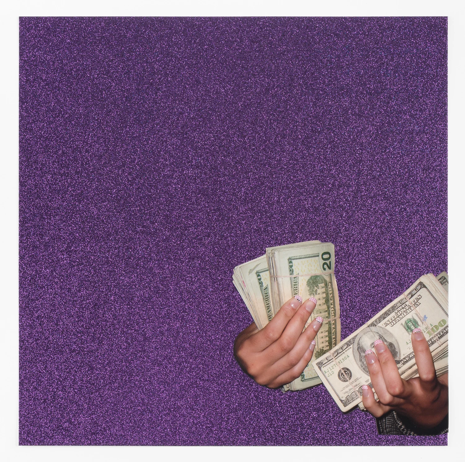 Sadie Barnette Untitled (Money and Nails on Purple), 2017 Collage on Glitter Paper 14 3/4 x 14 3/4 inches (Framed)