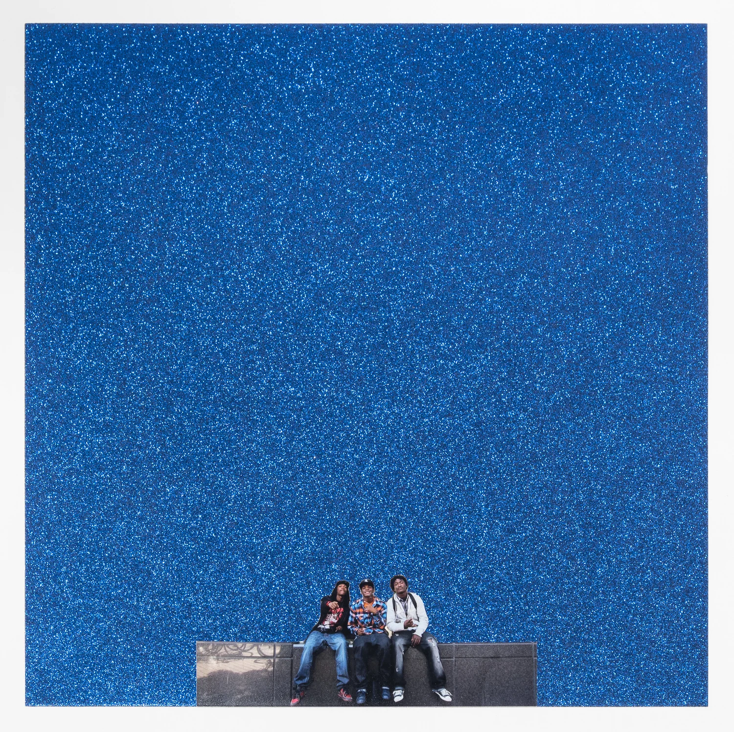 Sadie Barnette Untitled (Three Friends on Blue), 2017 Collage on Glitter Paper 14 3/4 x 14 3/4 inches (Framed)
