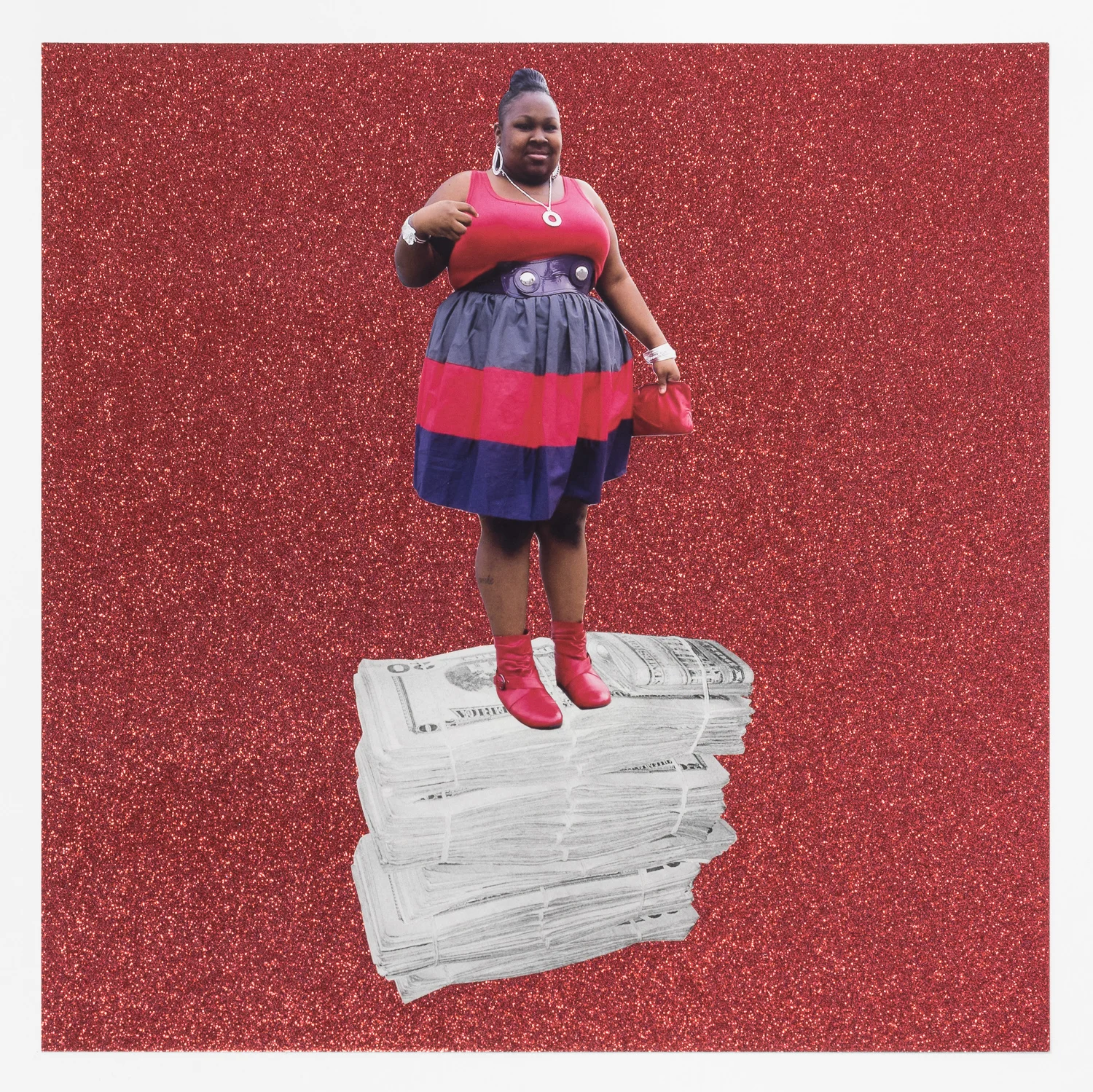 Sadie Barnette Untitled (Young Woman on Money), 2017 Collage on Glitter Paper 14 3/4 x 14 3/4 inches (Framed)