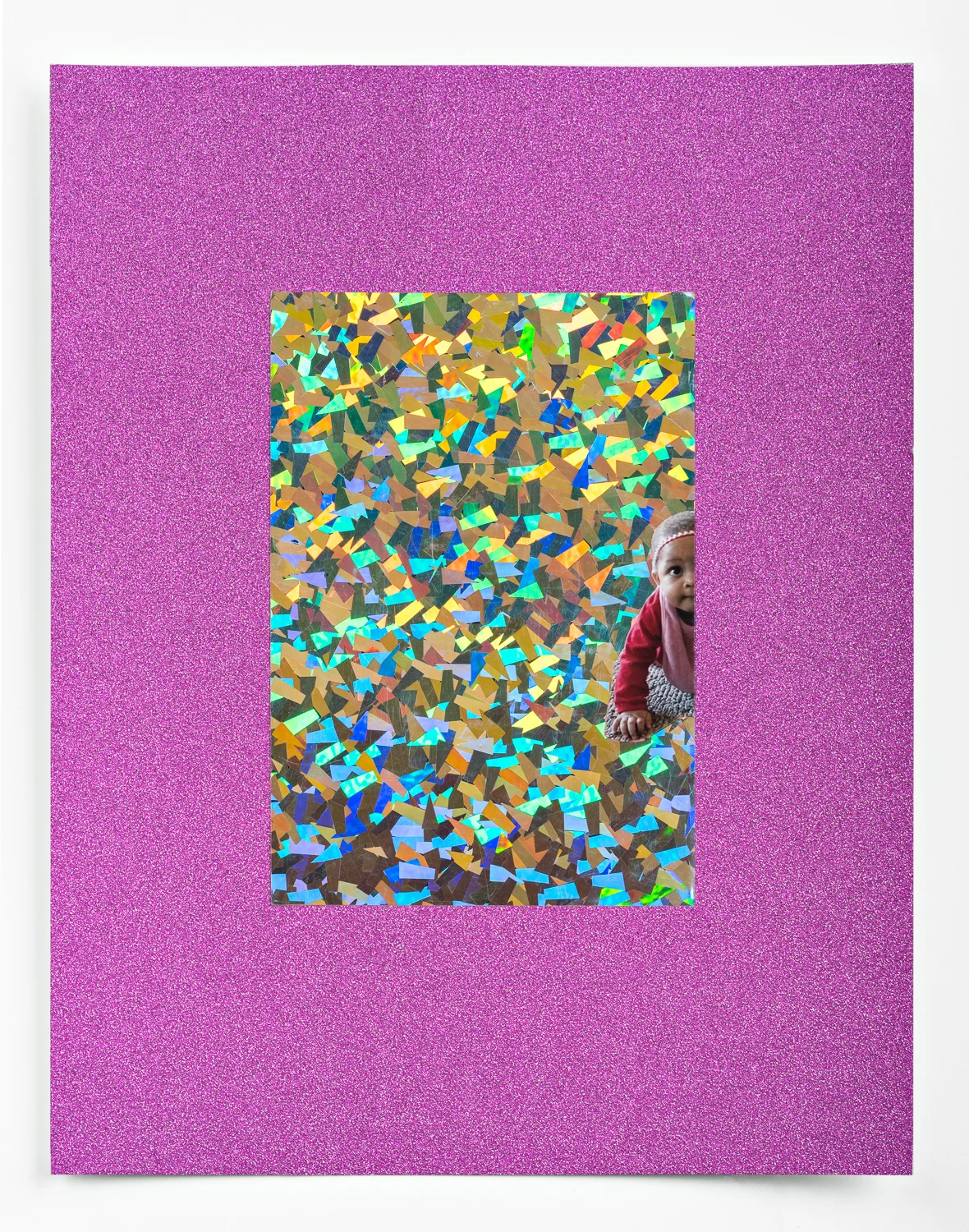 Sadie Barnette Untitled (Baby on Silver and Pink), 2017 Collage on Holographic and Glitter Papers 13 3/4 x 11 1/4 inches (Framed)