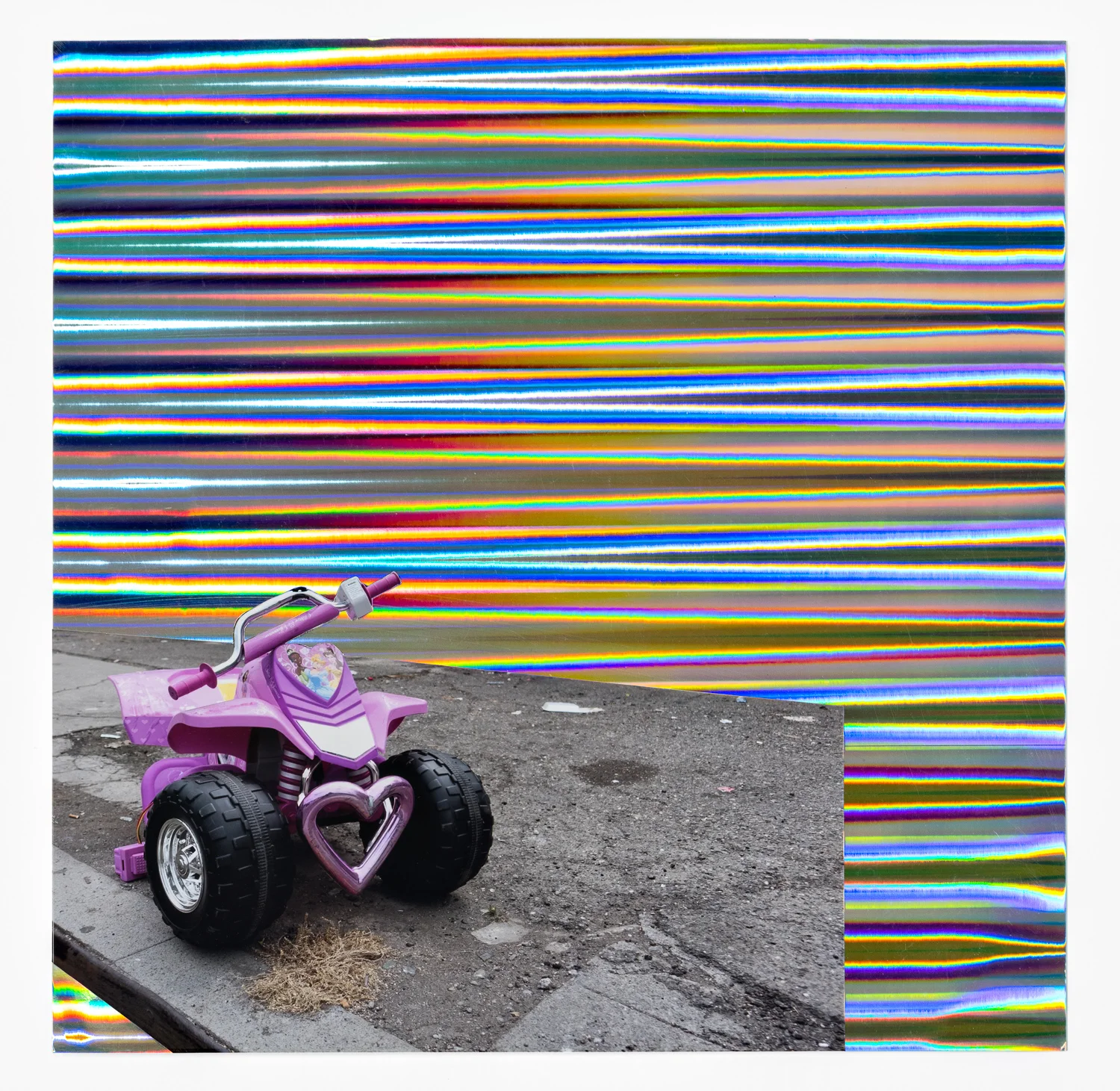 Sadie Barnette Untitled (Pink bike on Silver), 2017 Collage on Holographic Paper 14 3/4 x 14 3/4 inches (Framed)