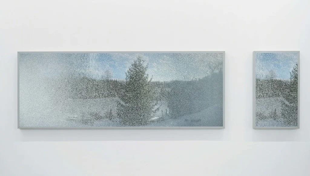Scott McFarland Shattered Glass, Sunny with Cloudy Periods 2016 Led light box with transmounted chromogenic transparency and 4K UHD Monitor 42 x 160 inches