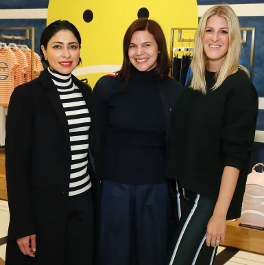 Sana Rezwan Sait, Carolyn Angel and Casey Fremont attend Art Sundae with Art Production Fund at Tory Sport Flatiron on October 16, 2018 in New York City.