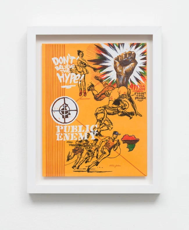 Patrick Martinez Public Enemy, Ballpoint pen and liquid paper on found pee chee, 2016 60 x 95 inches, Framed
