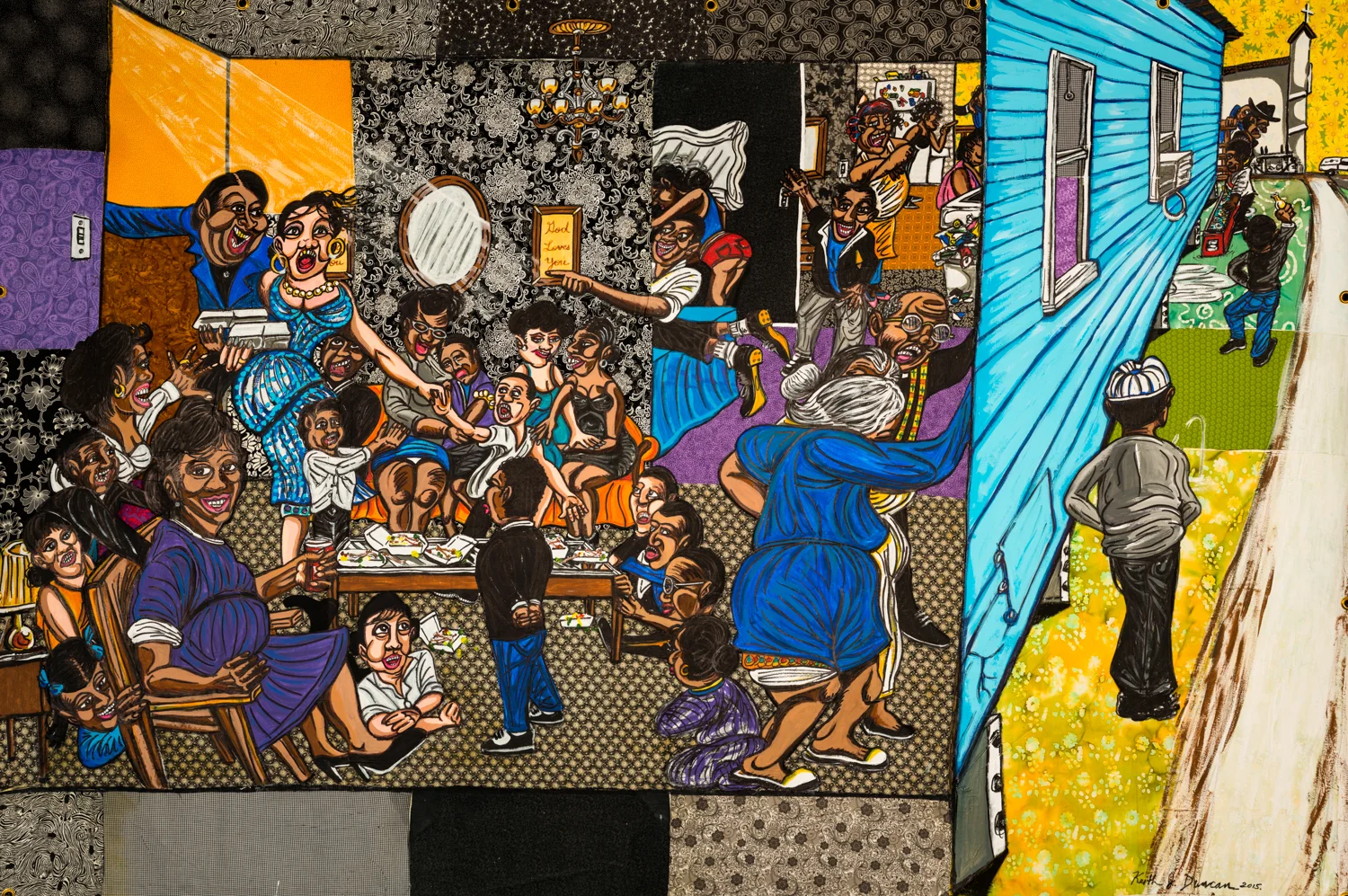 Keith Duncan The Funeral Repass, 2015 Acrylic on unstretched canvas with fabric 71 x 108 inches