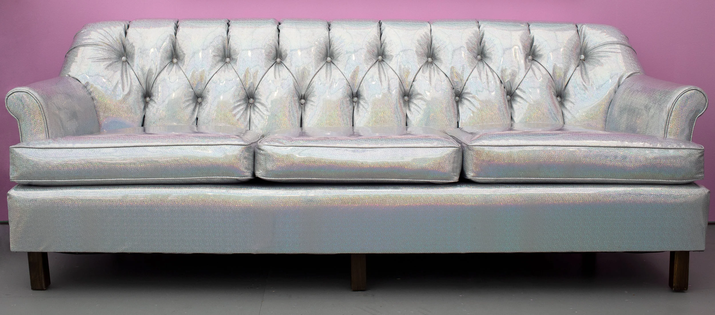 Sadie Barnette Untitled (Holographic couch), 2018 Holographic vinyl and vintage couch 88 x 40 x 36 inches SB132