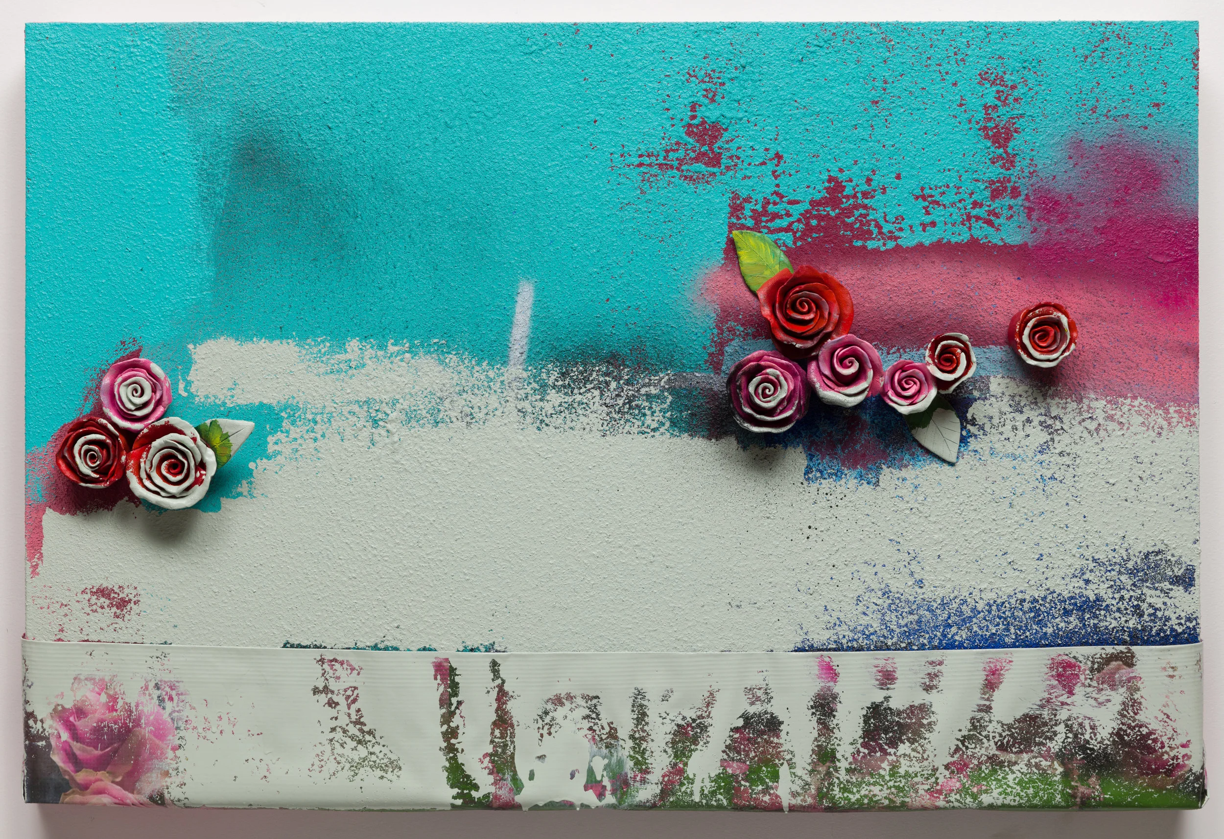 Patrick Martinez Erasure and Abatement, 2018 Stucco, neon, spray paint, latex house paint, ceramic and found tarp on panel 24 x 36 x 3 1/2 in