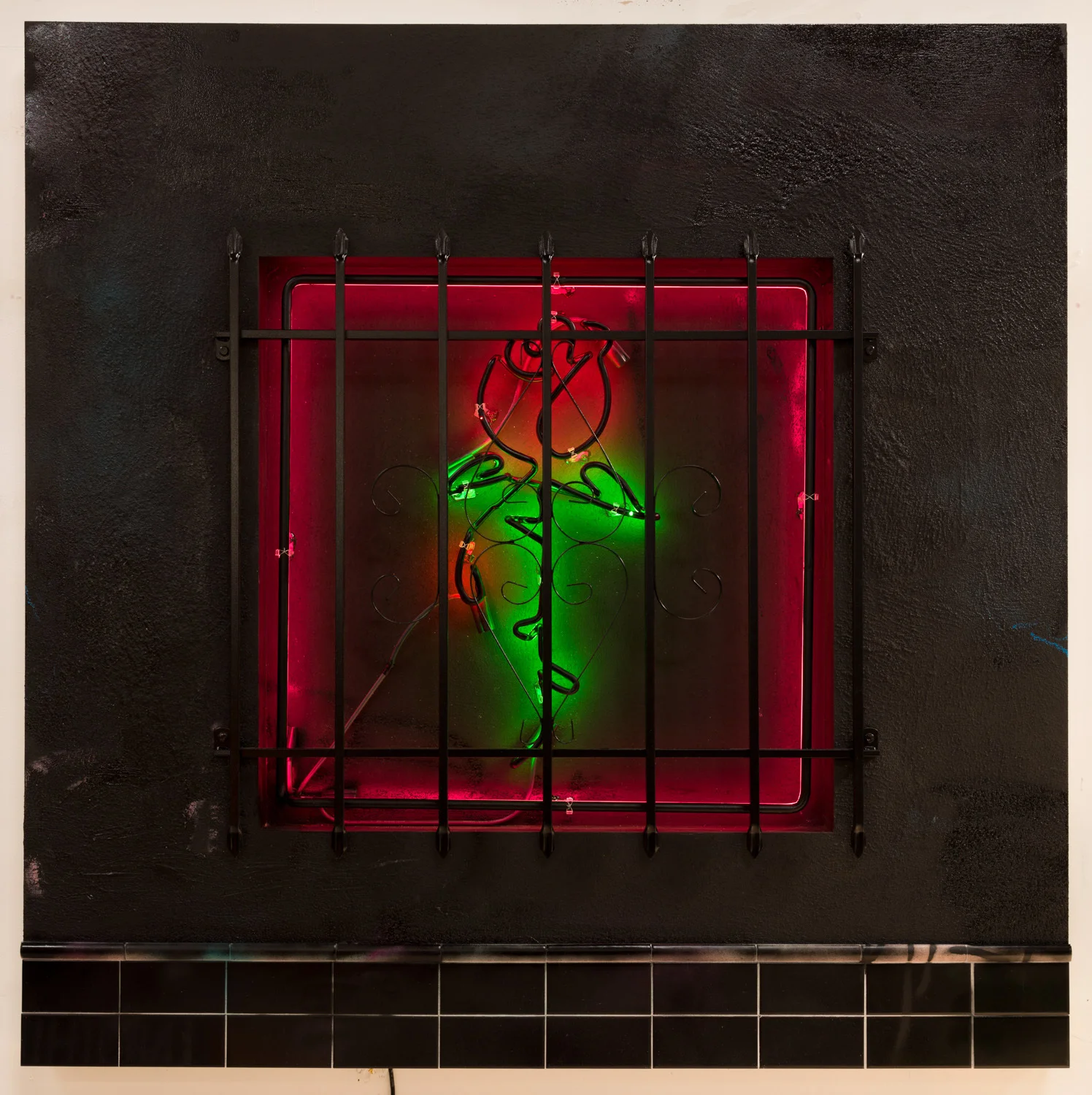 Patrick Martinez Baby Let Me Take You Home (Night), 2018 Stucco, ceramic tile, latex house paint, neon, and window security bars on panel 60 x 60 x 3 in