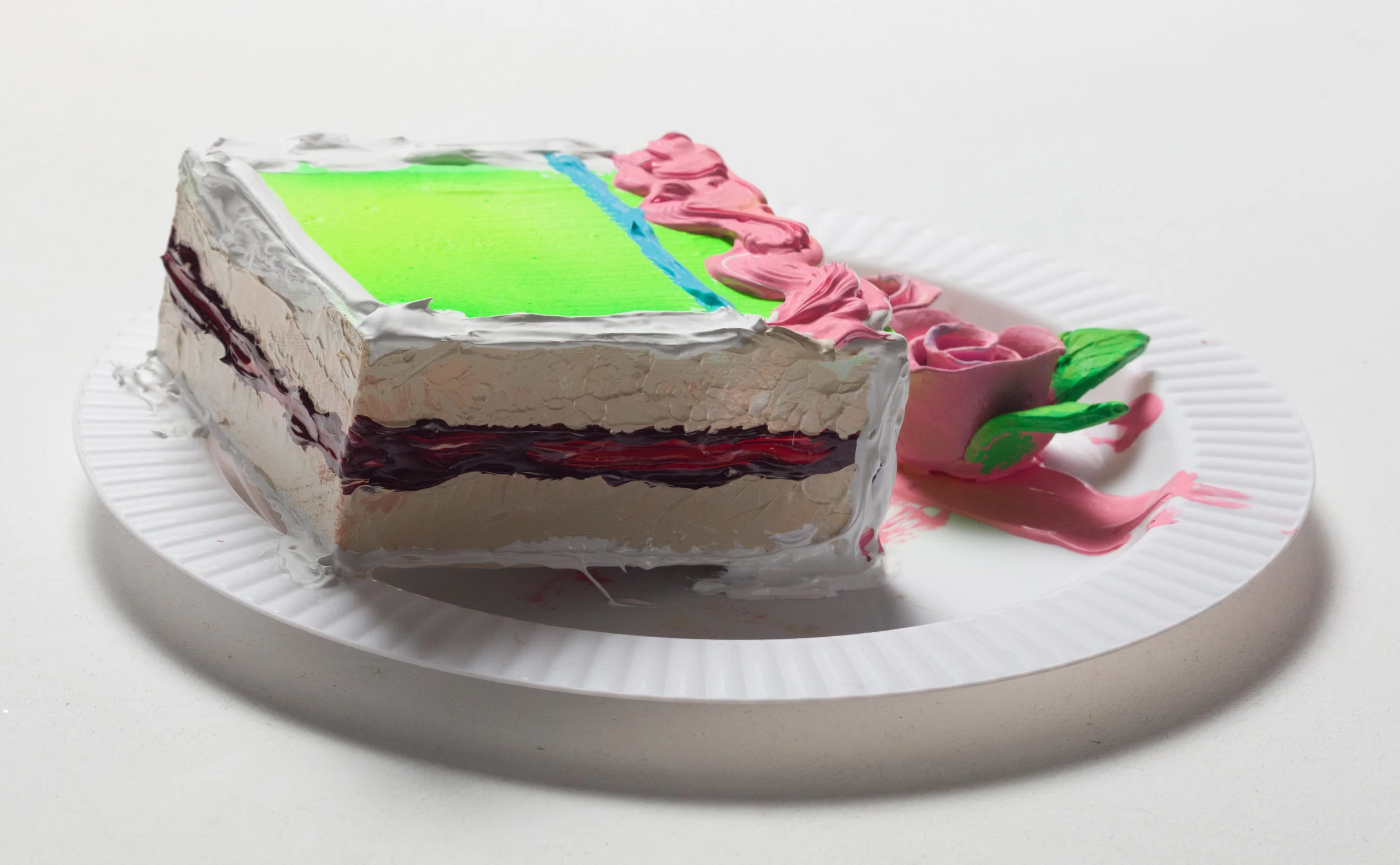Patrick Martinez Piece of the Pie 5, 2018 Heavy body acrylic, acrylic, airbrush, and ceramic cake roses on panel with plastic plate 7 x 7 x 3 in