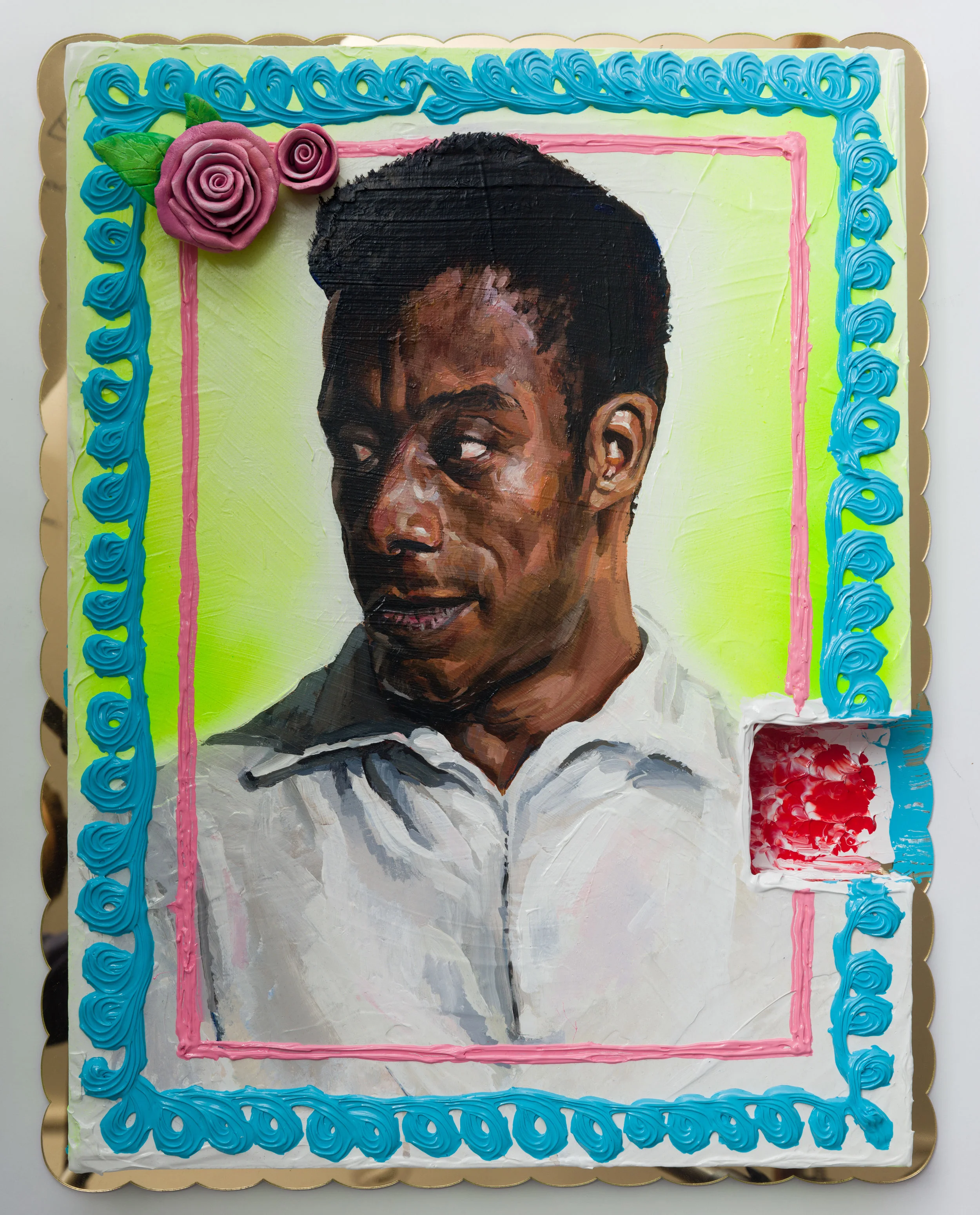 Patrick Martinez A Red Velvet Cake For A Native Son (James Baldwin), 2018 Heavy body acrylic, acrylic, airbrush, and ceramic cake roses on panel with gold mirror plex 26 x 20 x 3 in