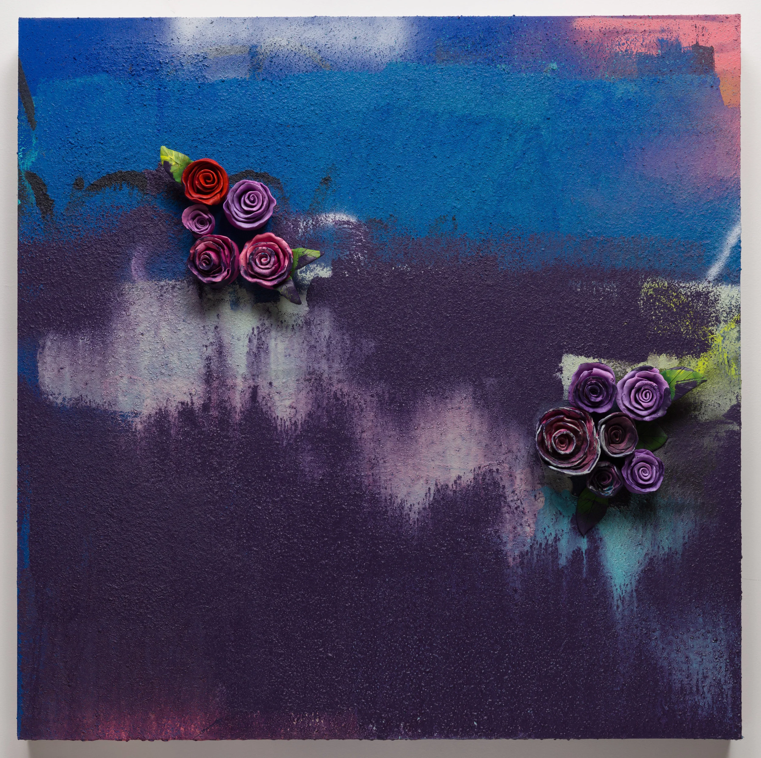 Patrick Martinez Purple Roses, 2018 Stucco, ceramic, acrylic paint, spray paint and latex house paint on panel 36 x 36 x 3 1/2 in