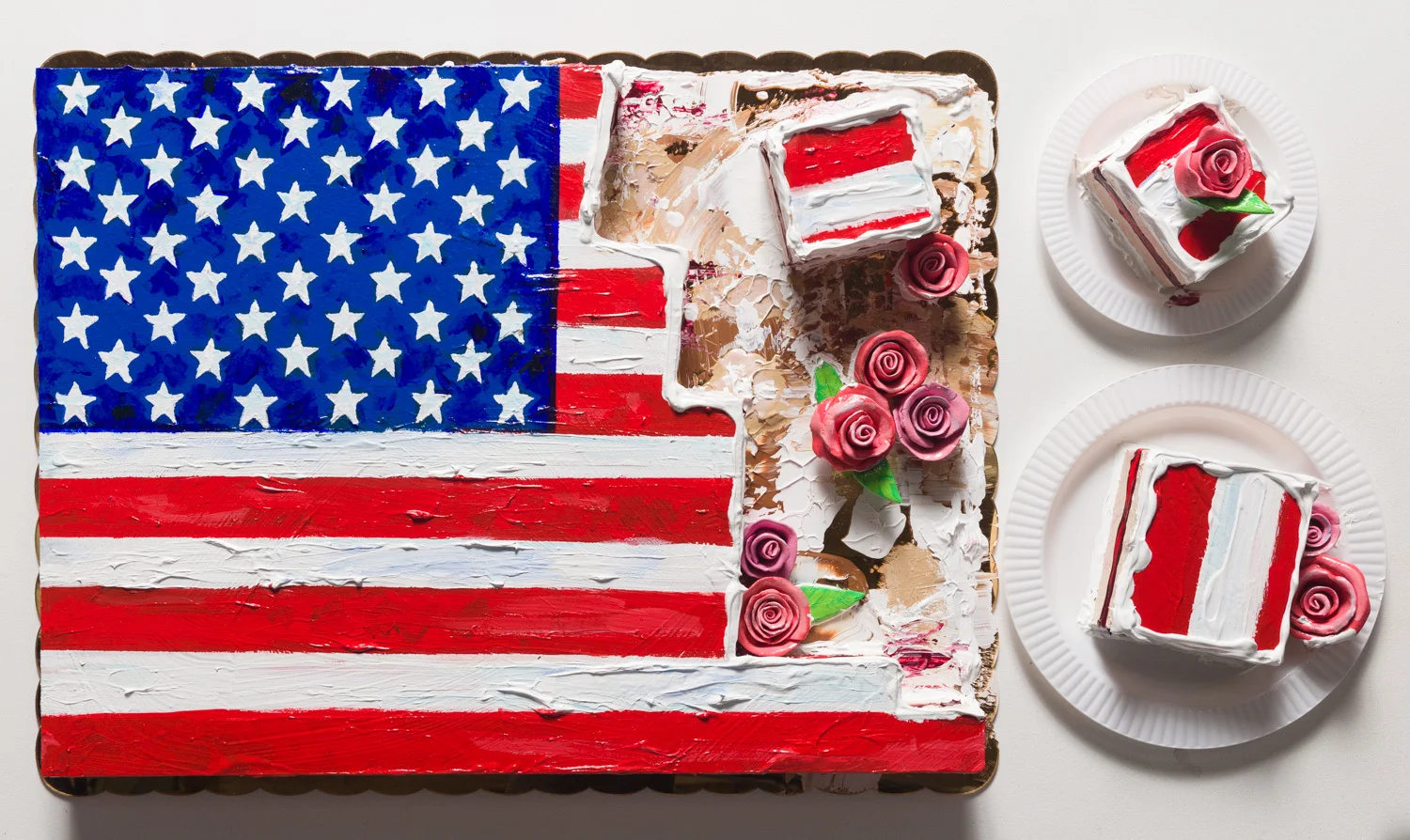 Patrick Martinez America’s Pie, 2018 Heavy body acrylic, acrylic, airbrush, and ceramic cake roses on panel with gold mirror plex 20 x 26 x 3 in + 2 Cake Pieces
