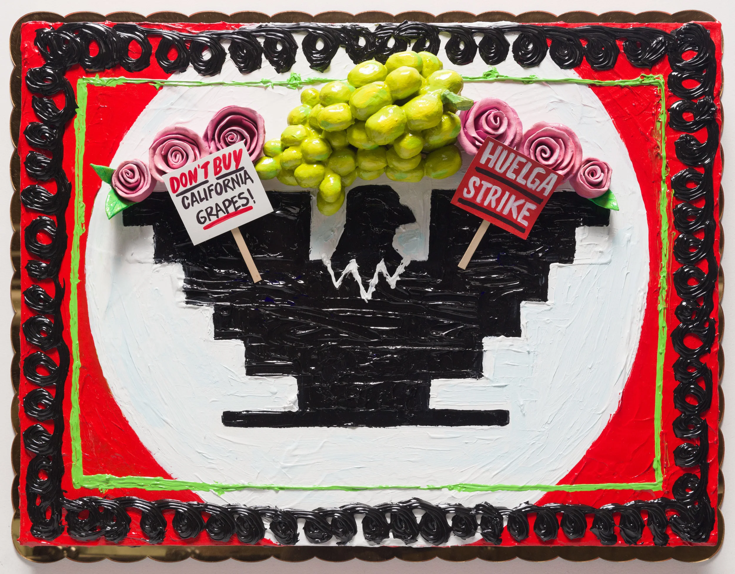 Patrick Martinez United Farm Workers Cake, 2018 Heavy body acrylic, acrylic, airbrush, and ceramic cake roses on panel with gold mirror plex 20 x 26 x 4 in