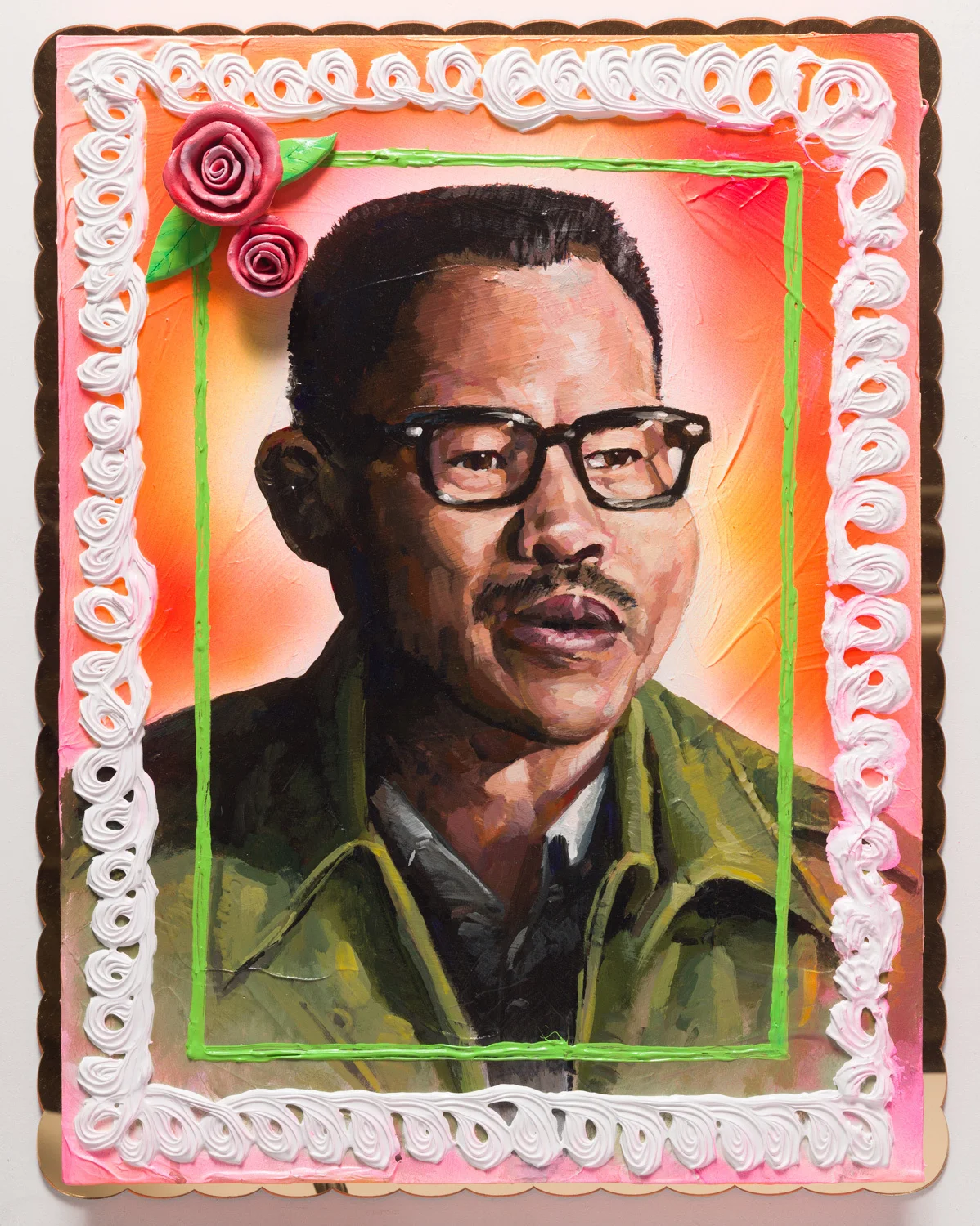 Patrick Martinez Larry Itliong Cake, 2018 Heavy body acrylic, acrylic, airbrush, and ceramic cake roses on panel with gold mirror plex 26 x 20 x 3 in