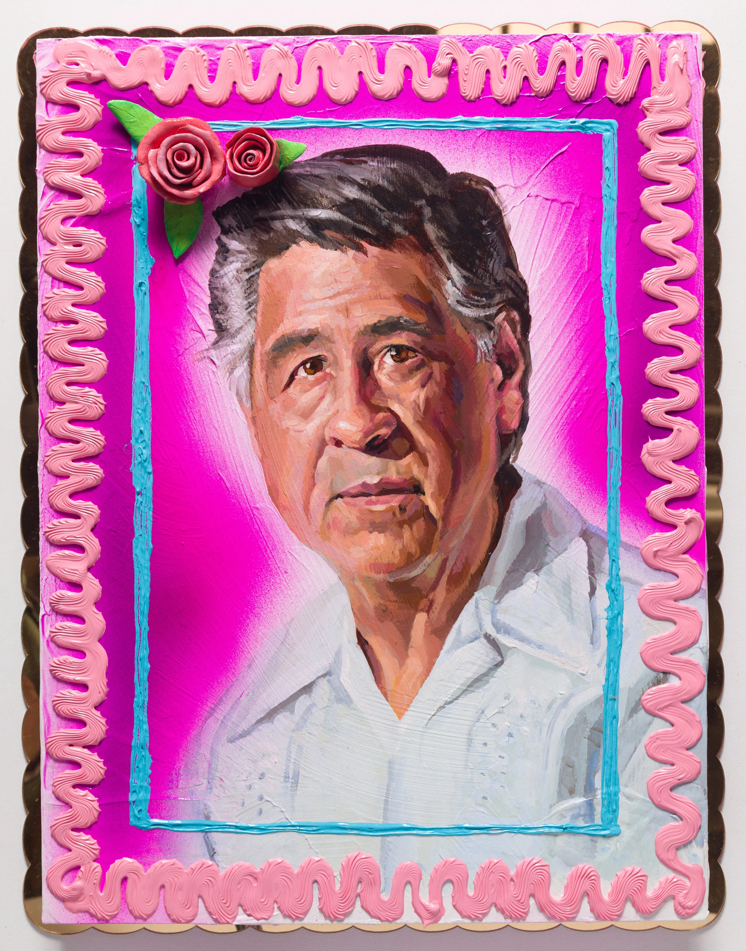 Patrick Martinez Cesar Chavez Cake, 2018 Heavy body acrylic, acrylic, airbrush, and ceramic cake roses on panel with gold mirror plex 26 x 20 x 3 in