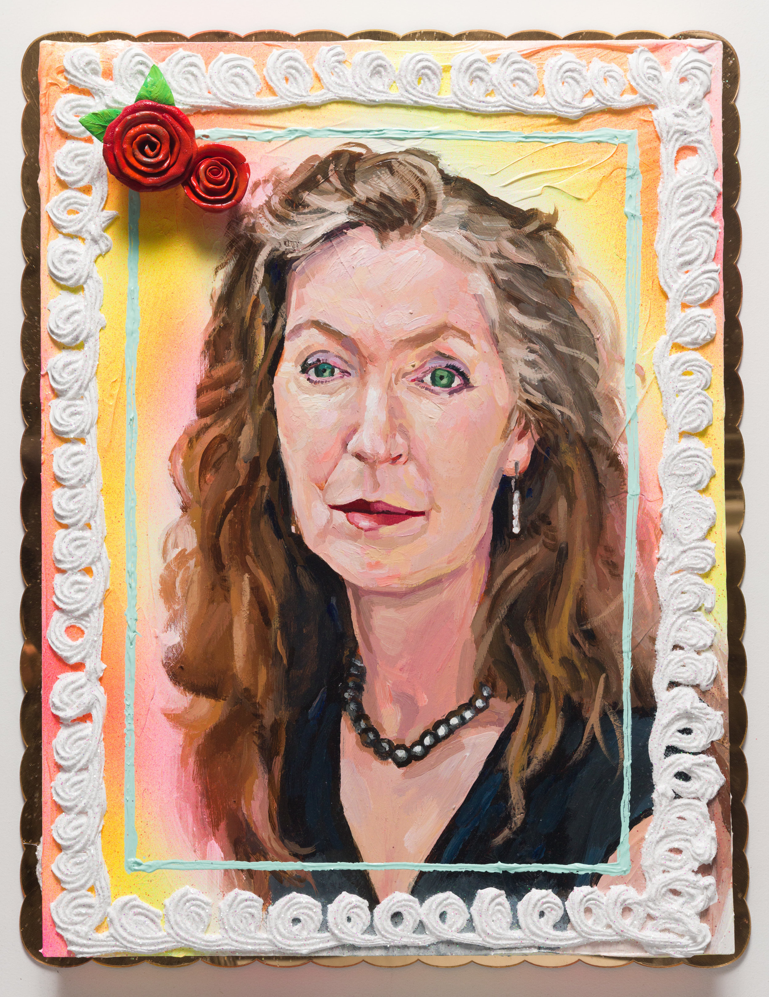Patrick Martinez Rebecca Solnit Cake, 2018 Heavy body acrylic, acrylic, airbrush, and ceramic cake roses on panel with gold mirror plex 26 x 20 x 3 in