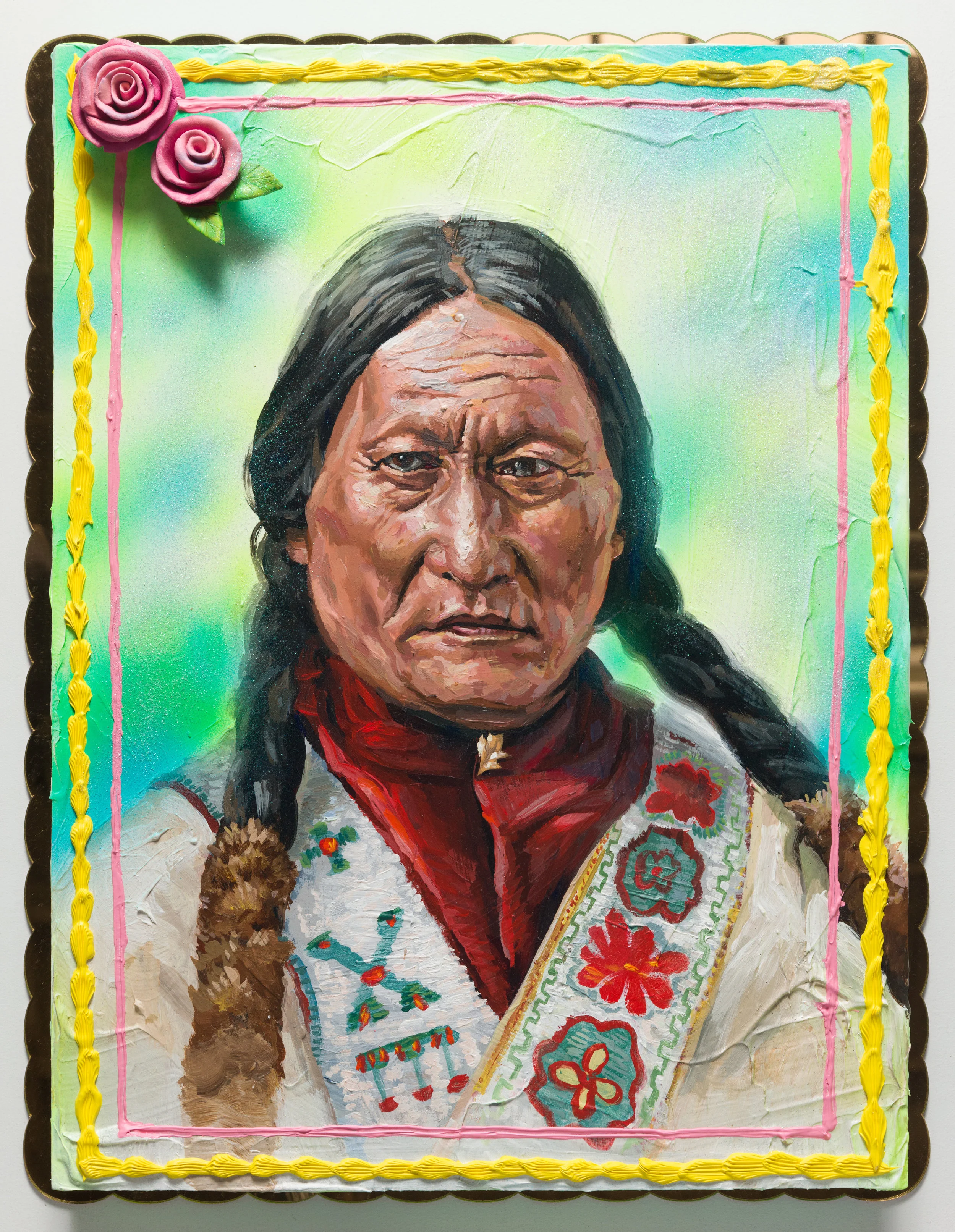 Patrick Martinez Sitting Bull Cake, 2019 Heavy body acrylic, acrylic, airbrush, and ceramic cake roses on panel with gold mirror plex 26 x 20 x 3 in