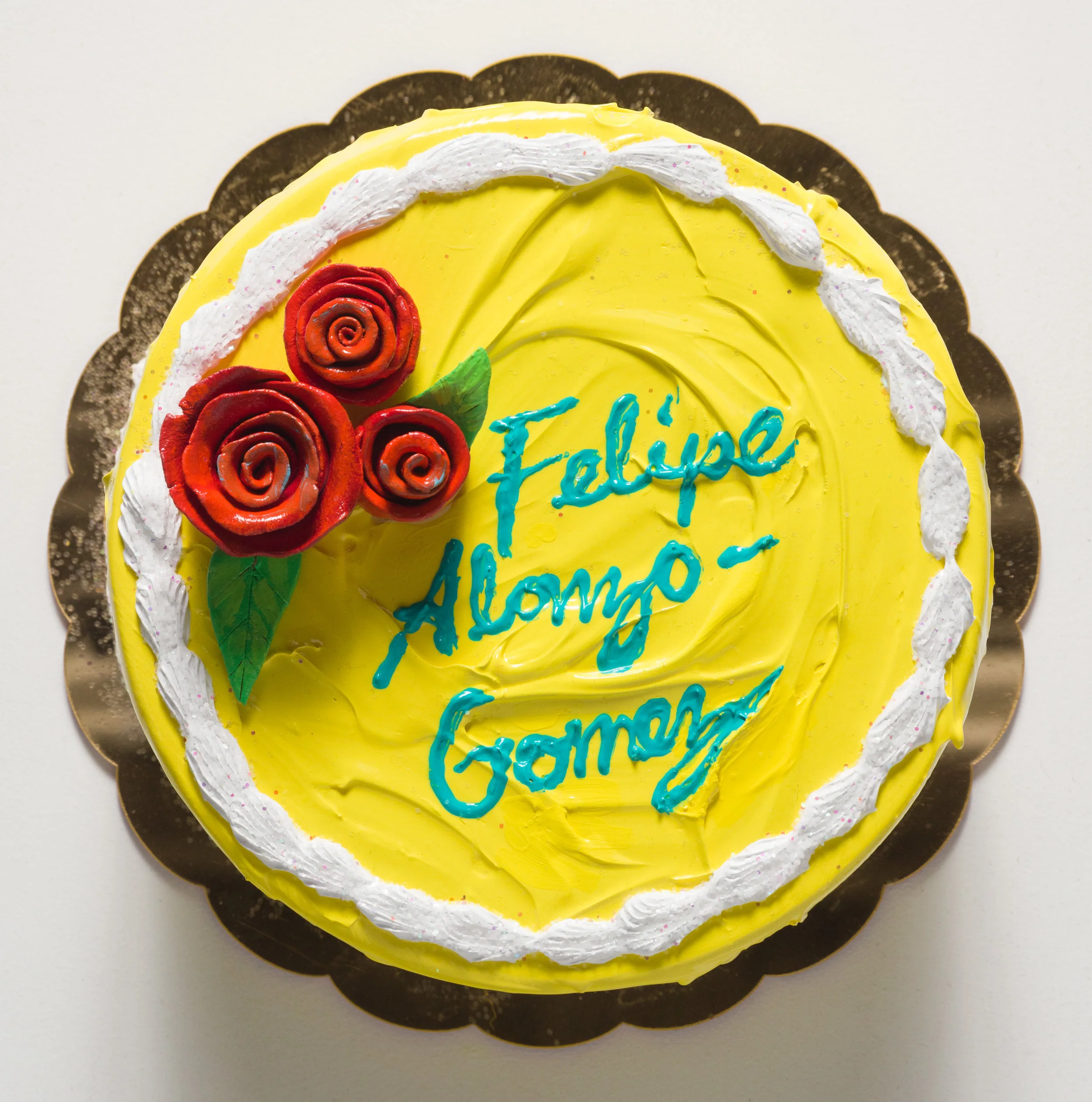 Patrick Martinez Felipe Alonzo Gomez (In Peace May You Rest), 2019 Heavy body acrylic, acrylic, airbrush, and ceramic cake roses on panel with gold mirror plex 9 x 9 x 5 1/2 in
