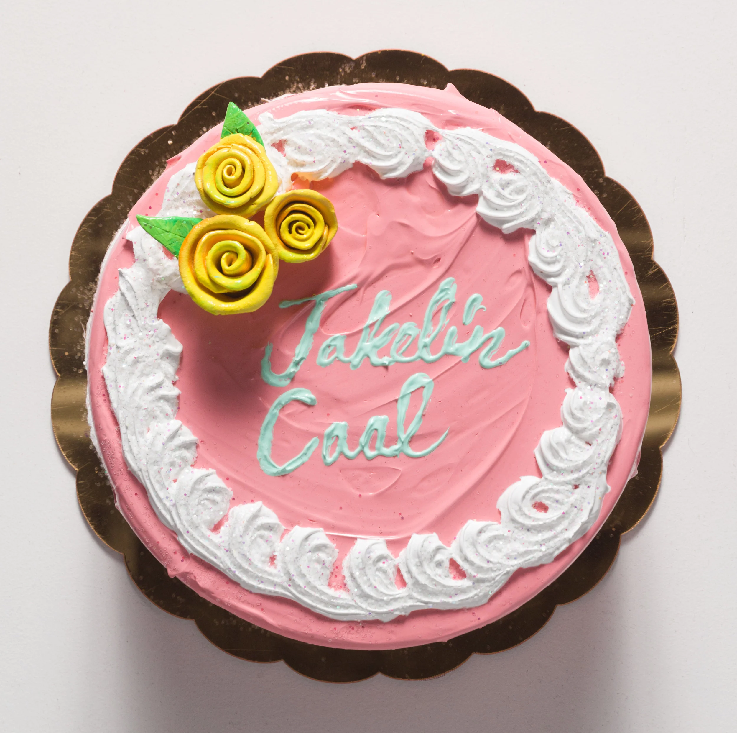 Patrick Martinez Jakelin Caal Cake (In Peace May You Rest), 2019 Heavy body acrylic, acrylic, airbrush, and ceramic cake roses on panel with gold mirror plex 9 x 9 x 5 1/2 in
