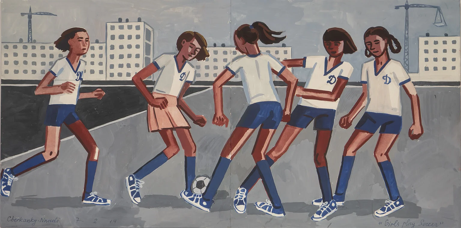 Zoya Cherkassky Girls Play Soccer, 2019 Pencil and tempera on paper 9 x 18 1/2 inches