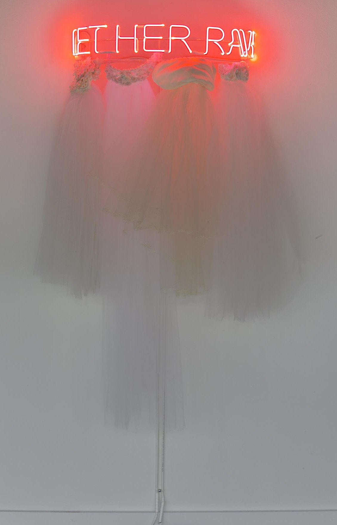 Zoë Buckman Let Her Rave, 2017 Neon and used wedding veils 50 x 24 x 10 inches