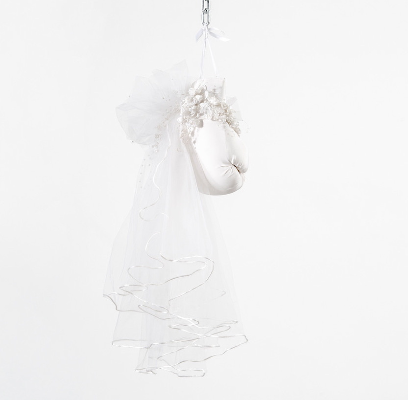 Zoë Buckman Globed Peonies, 2019 Boxing glove, vintage wedding dresses, and chain 11 x 7 x 5 inches