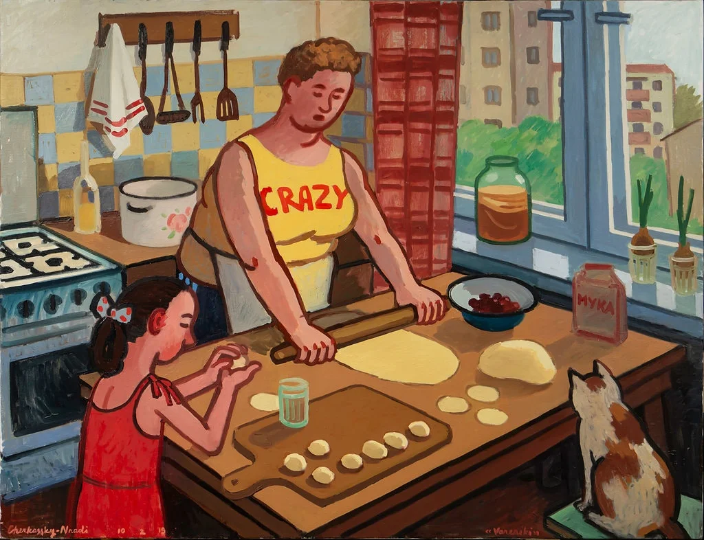 In “Vareniki,” 2019, by Zoya Cherkassky, from her series, “Soviet Childhood," a mother rolls out dough for vareniki dumplings, which were filled with potato or cheese. Zoya Cherkassky and Fort Gansevoort, New York