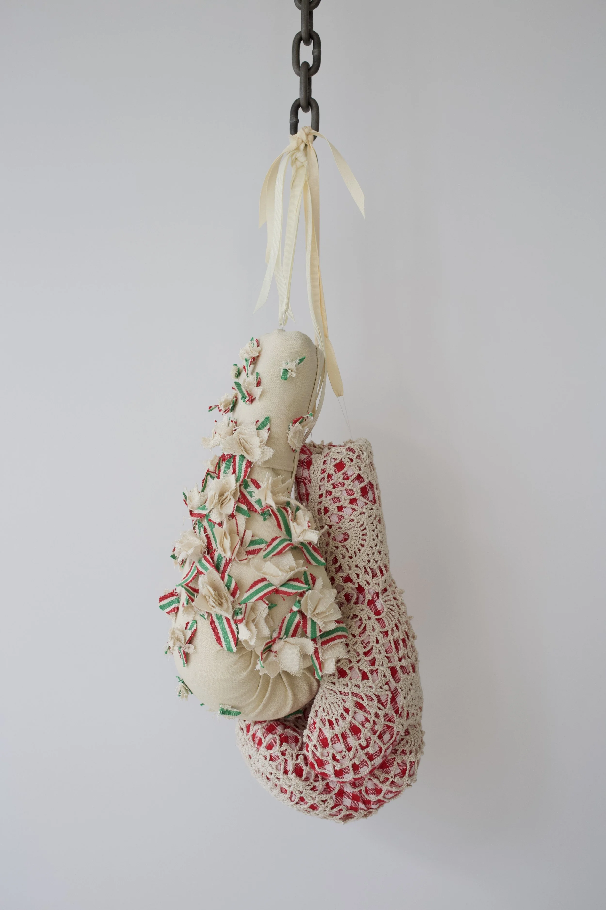 Zoë Buckman Londesborough, 2018 2 boxing gloves, vintage linen, chain 21 x 8 1/2 x 8 inches