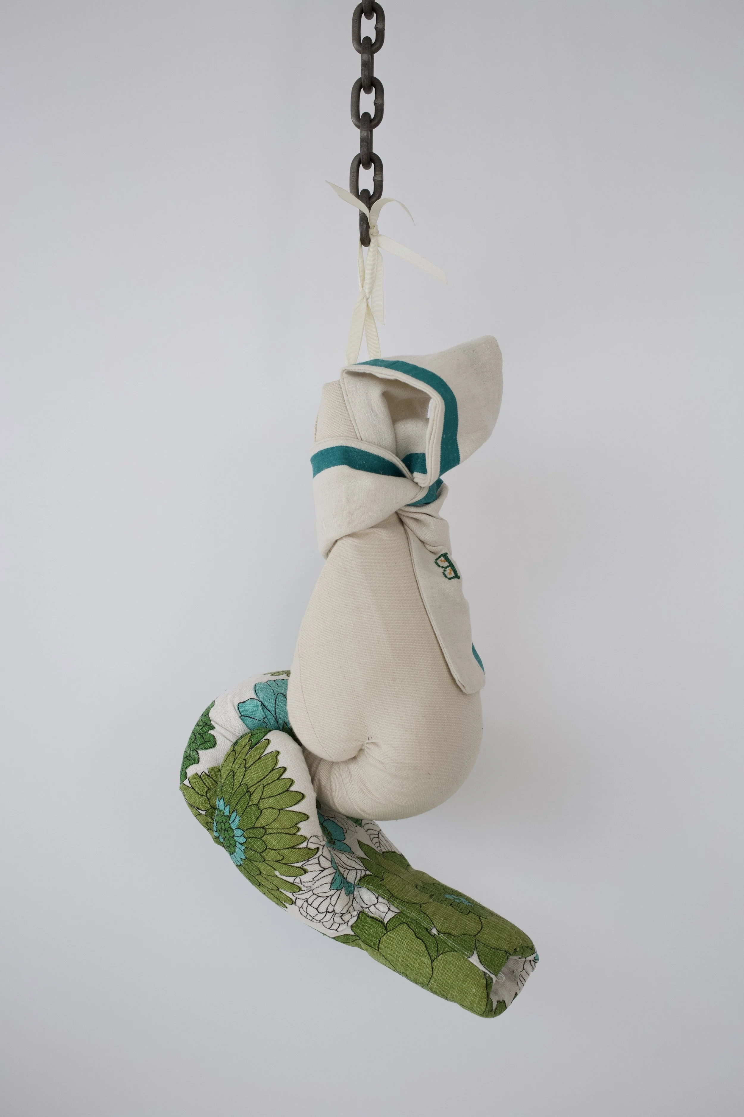 Zoë Buckman For B, 2018 2 boxing gloves, vintage linen, chain 21 x 10 1/2 x 7 1/2 inches