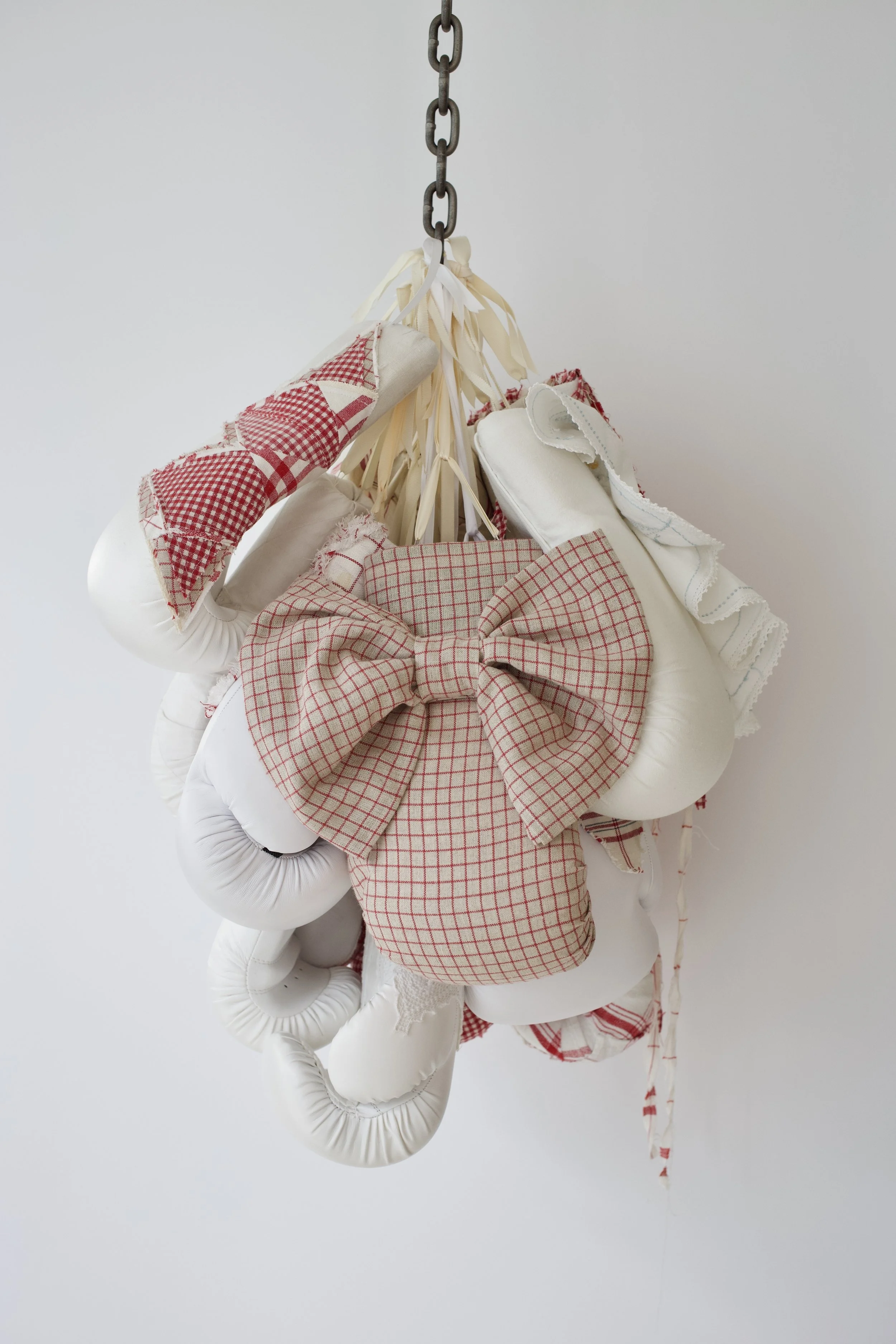 Zoë Buckman Tight Rooted, 2019 15 boxing gloves, vintage linen, chain 29 x 21 x 20 inches