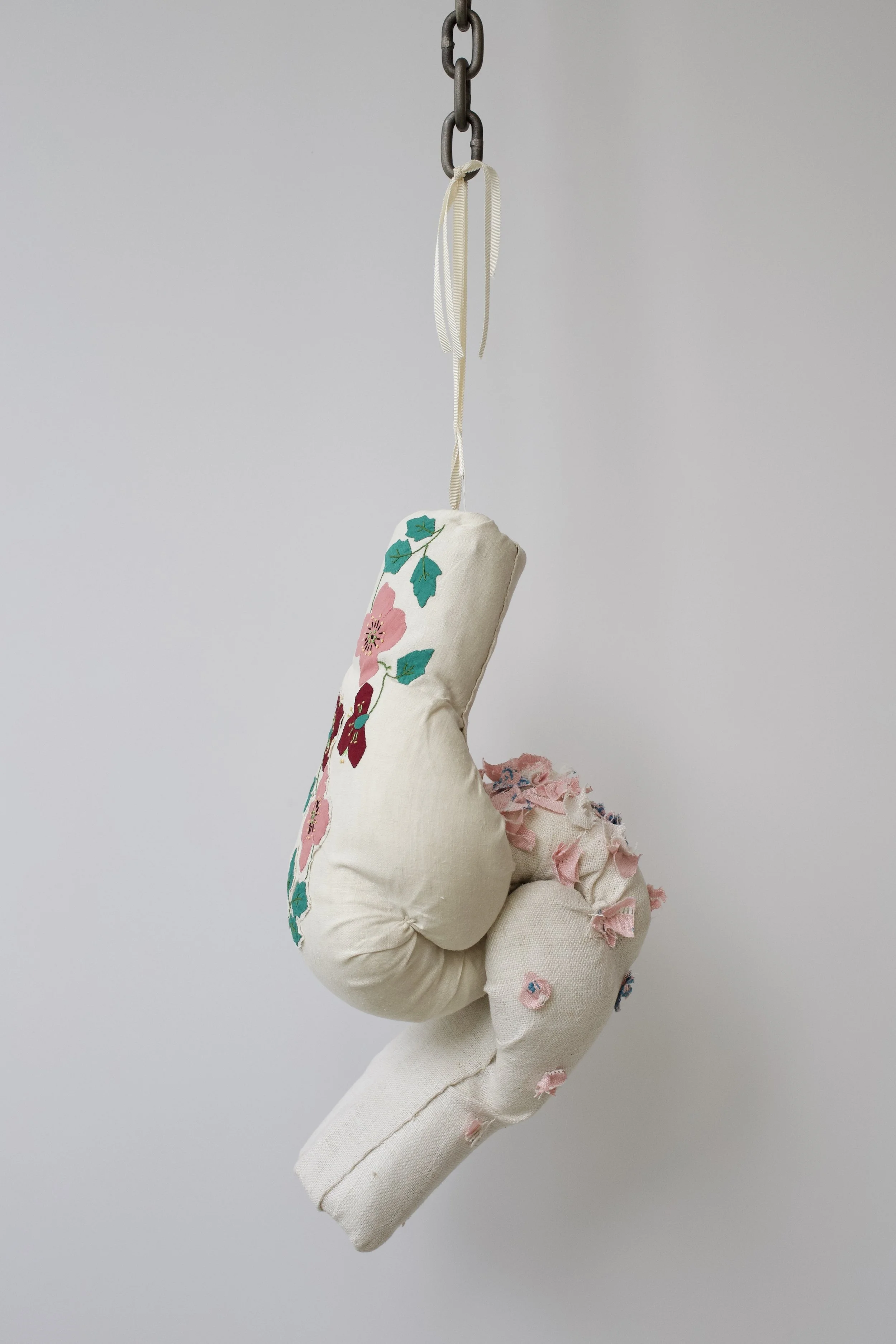 Zoë Buckman F___dom, 2019 2 boxing gloves, vintage linen, chain 25 x 7 x 8 1/2 inches
