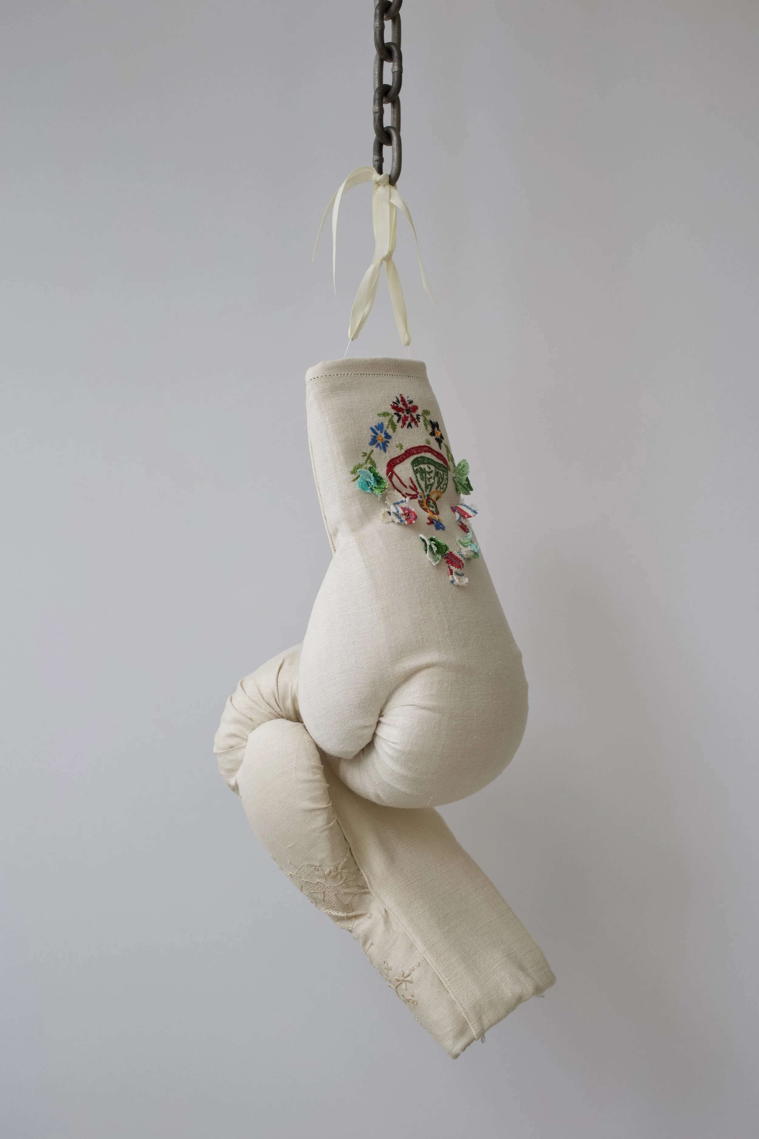 Zoë Buckman Like The Way She Made Tea, 2018 2 boxing gloves, vintage linen, chain 24 x 7 x 8 1/2 inches