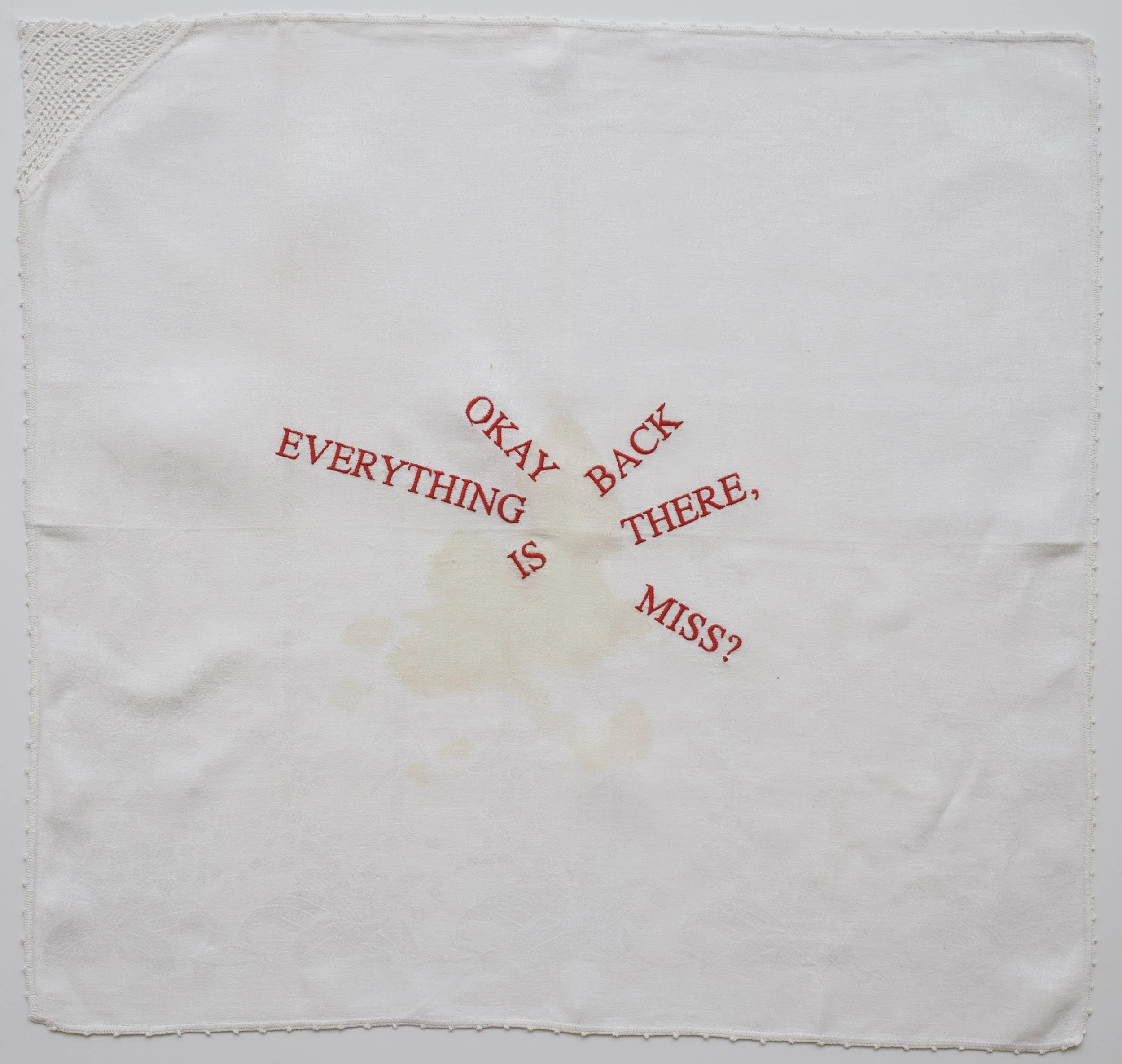Zoë Buckman Spill, 2018 Embroidery on vintage linen tea towel 22 x 21 inches Framed 24 x 25 inches